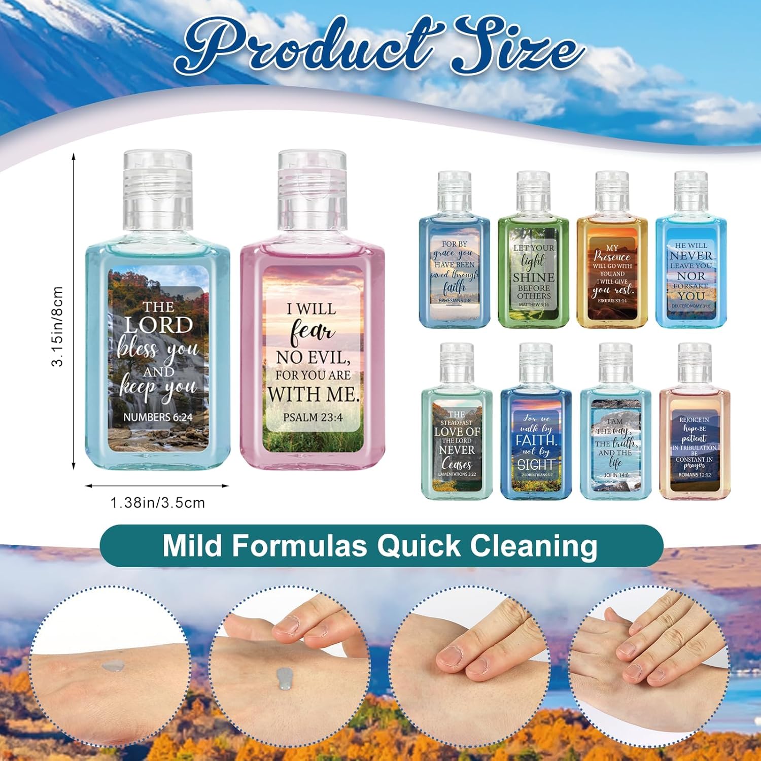 50 Pcs Christian Mini Hand Sanitizer Bulk Bible Verse Hand Sanitizer Religious Inspirational Favors 1fl oz Travel Size Hand Soap Gift for Pastor Church Prayer Christian Mother Party(Landscape) - Image 3