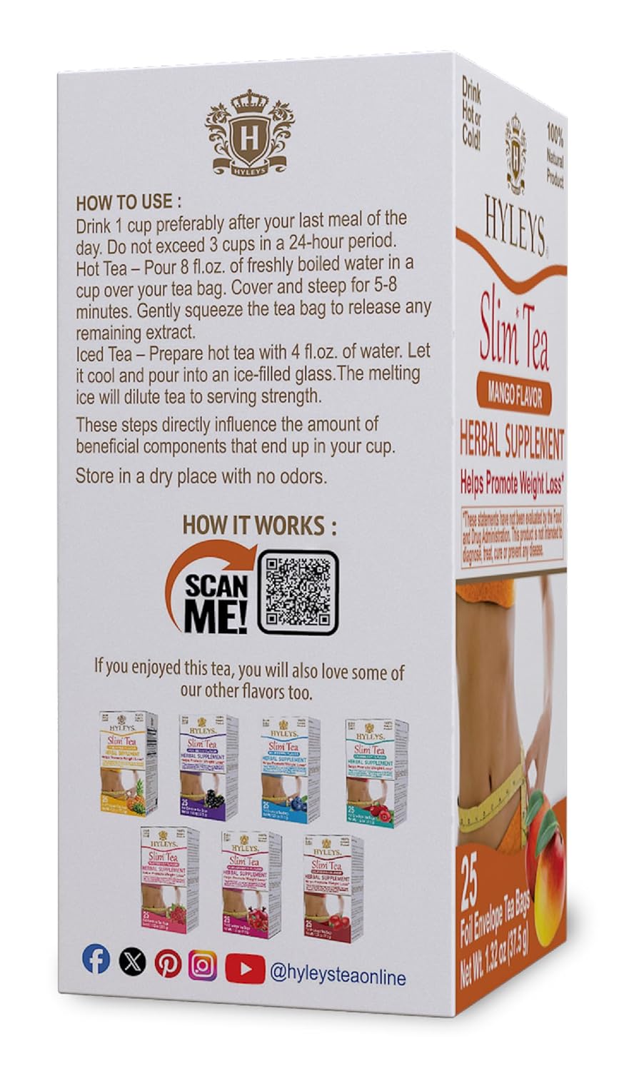 Hyleys Slim Tea Mango Flavor - Weight Loss Herbal Supplement Cleanse and Detox - 25 Tea Bags (1 Pack) - Image 4