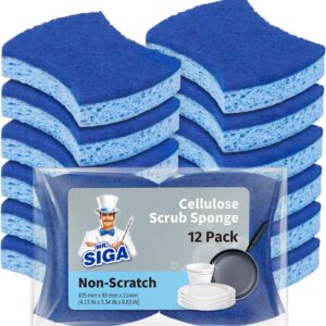 MR.SIGA Non-Scratch Cellulose Scrub Sponge, Dual-Sided Dishwashing Sponge for Kitchen, 12 Pack
