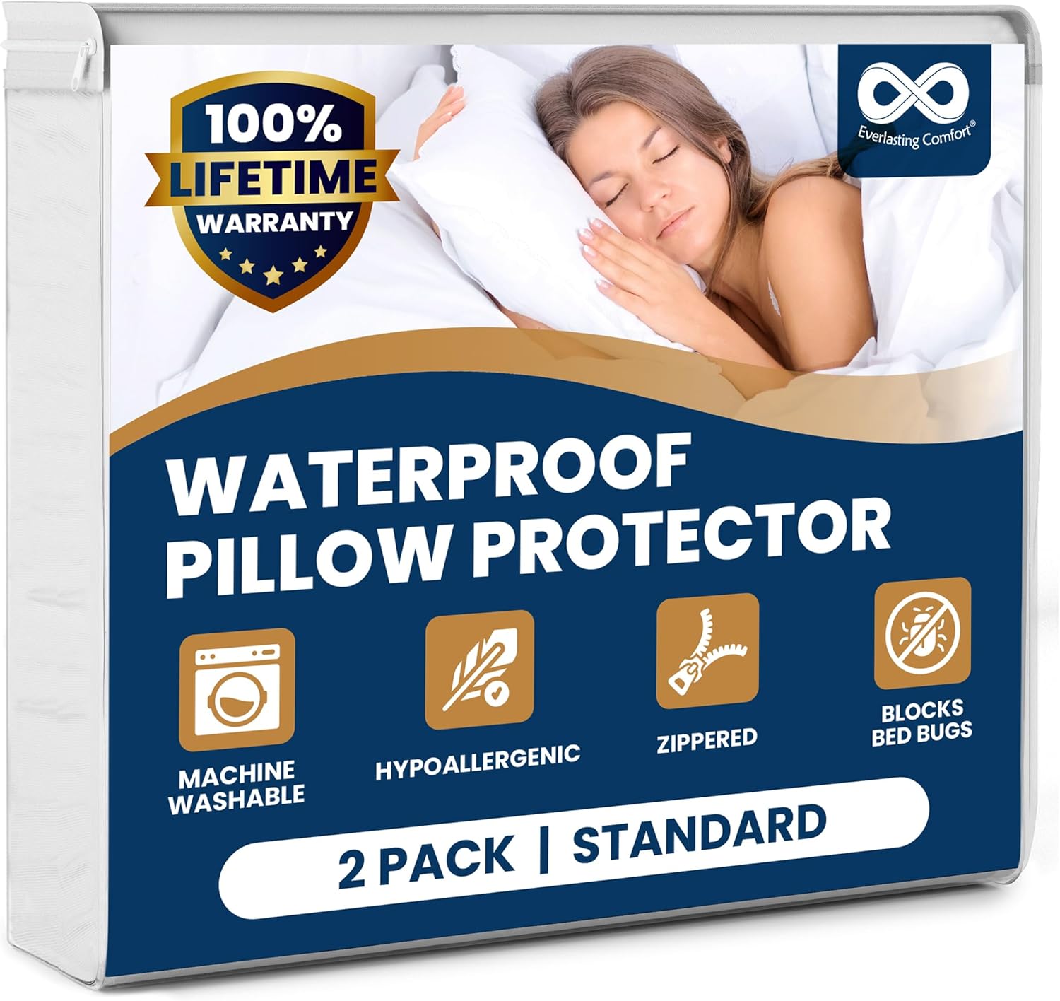 100% Stain Resistant & Waterproof Standard Size Pillow Protectors with Zipper Set of 2 - Bed Bug & Dust Mite Proof White Pillowcases - Breathable, Comfortable Covers for Pillows, 21 x 27 Inches - Image 2
