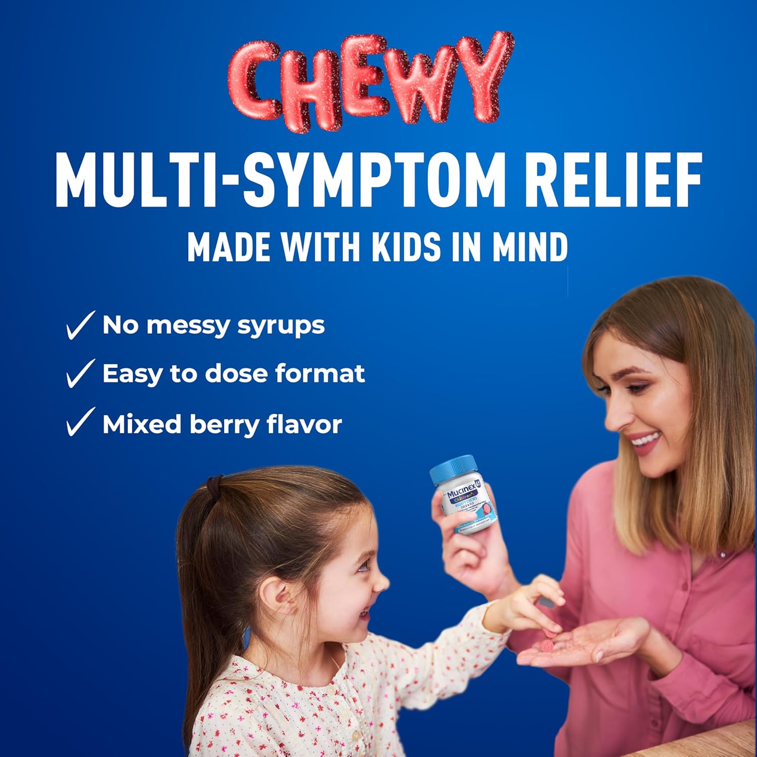 Mucinex Children's Mighty Chews Cold and Flu Medicine, Easy to Dose Children's Acetaminophen & Dextromethorphan, Kids Cough Medicine, Ages 6+, Mixed Berry Flavor, 16 Medicated Chewable Tablets - Image 4