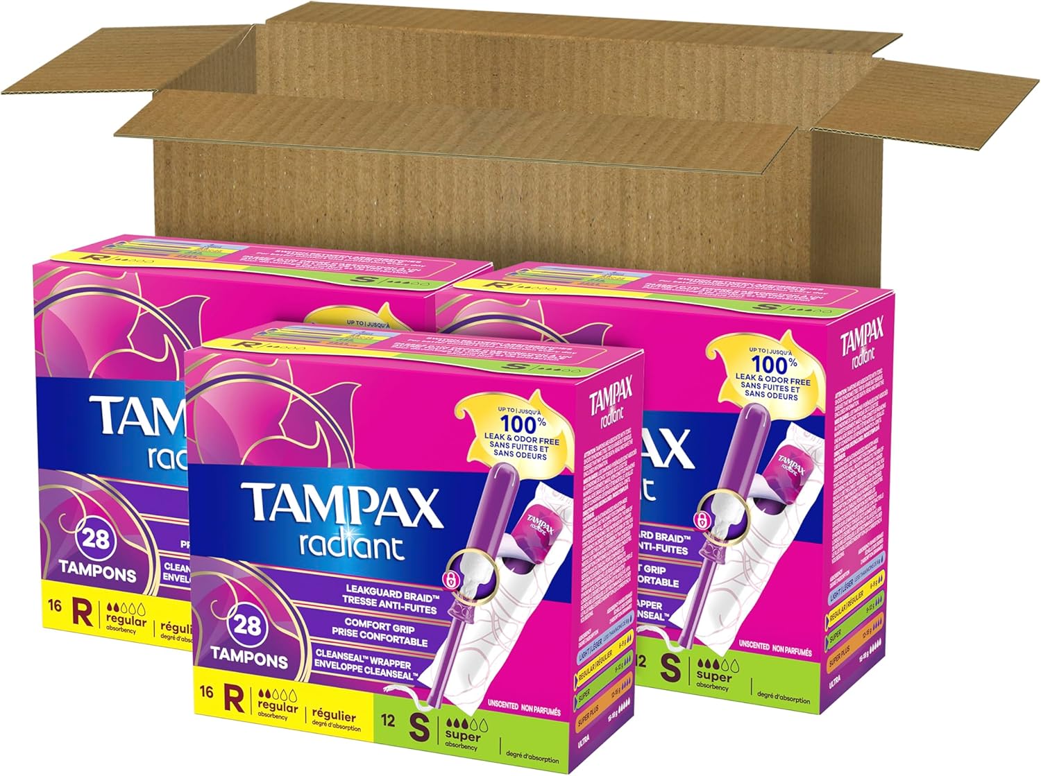 Tampax Radiant Tampons for Women Multipack, with LeakGuard Braid, Regular/Super Absorbency, Unscented, 84 Count (3 Packs of 28), Packaging May Vary - Image 12