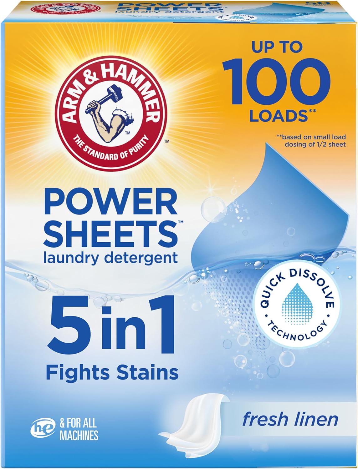 ARM & HAMMER 5-in-1 Power Sheets Laundry Detergent, Fresh Linen, 50 Count, up to 100 Small Loads - Image 2