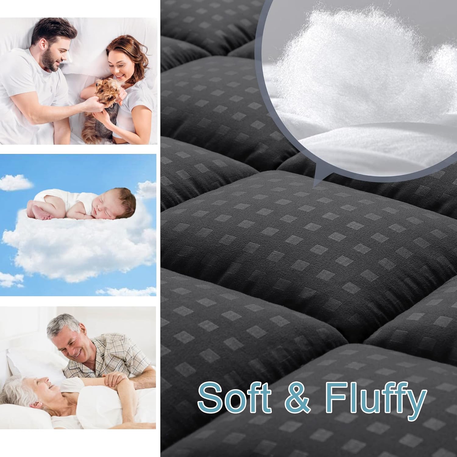 HYLEORY Queen Mattress Pad Quilted Fitted Mattress Protector Cooling Pillow Top Mattress Cover Breathable Fluffy Soft Mattress Topper with 8-21" Deep Pocket, Black - Image 4