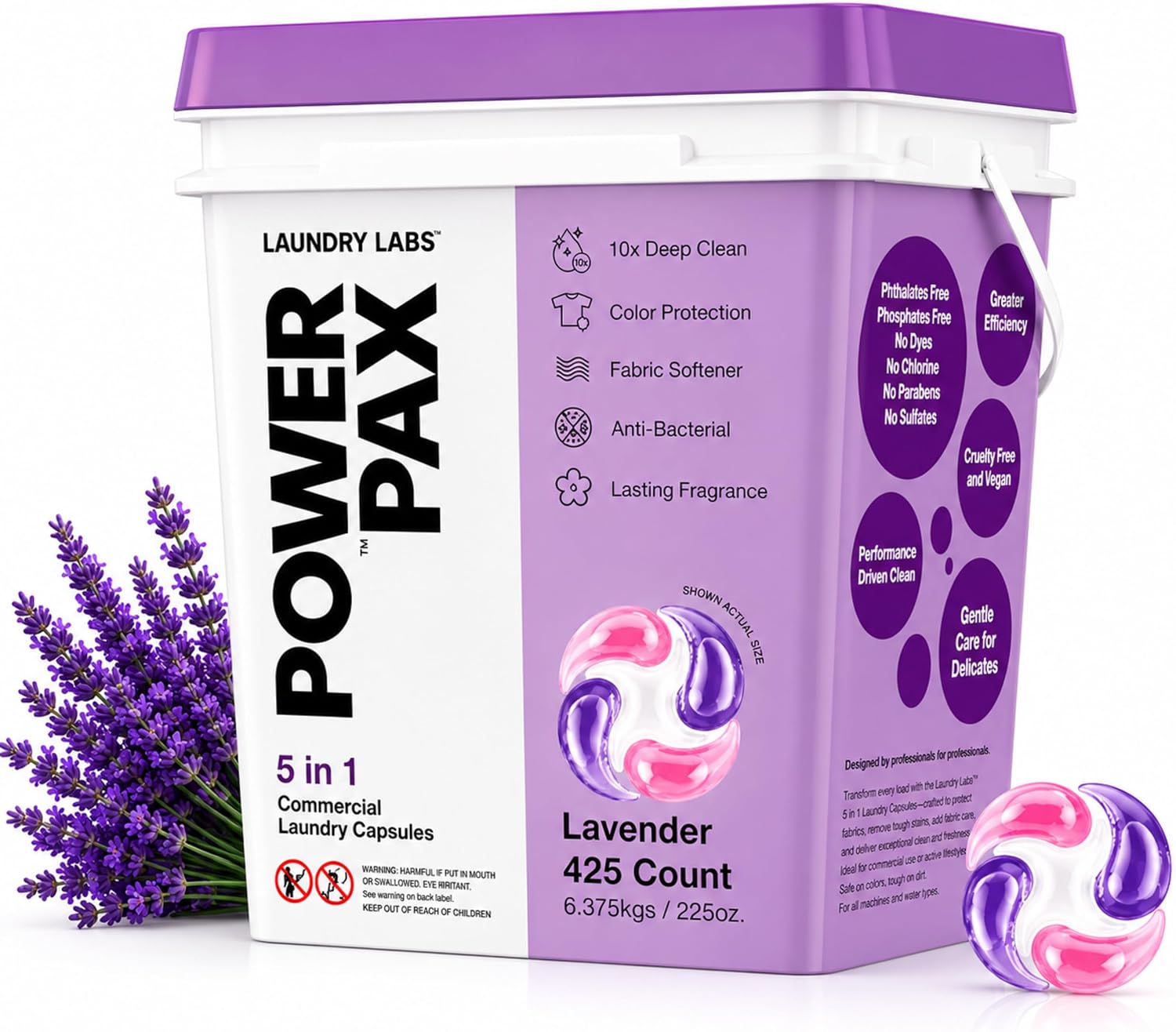 PowerPax 5-in-1 Laundry Detergent Pods - 425 Count, Washer Pods with Stain Remover, Odor Control, Fabric Softener & Color Care for Commercial Laundry - Lavender - Image 2
