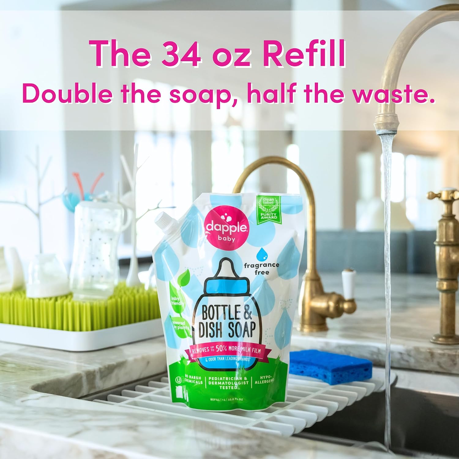 Dapple Baby Fragrance-Free Bottle & Dish Soap Refill Pouch - (2 Pack) 33.8 fl oz - Plant-Powered Cleaner for Baby Bottles, Pump Parts, and Sippy Cups - Image 3