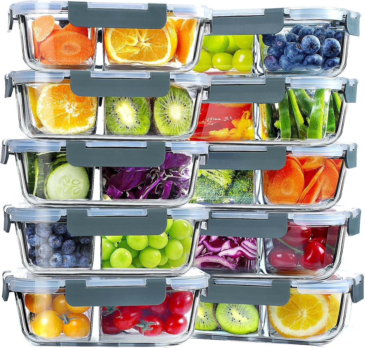 VERONES 10 Pack Glass Meal Prep Containers 2 Compartment Set, 30 OZ Airtight Glass Lunch Containers, Glass Food Storage Containers with Lids, for Microwave, Oven, Freezer & Dishwasher Friendly,Grey - Image 2