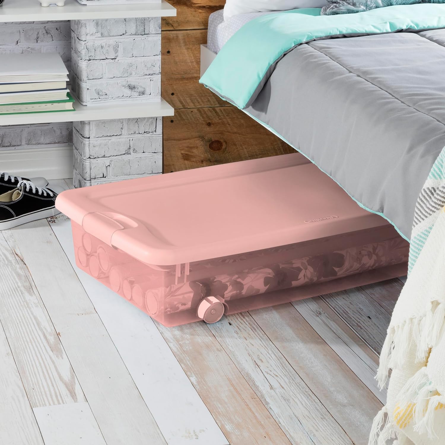 Sterilite 4-Pack 56 Quart Wheeled Latching Box, Underbed Plastic Storage Organizer, Pearl Blush Tint - Under Bed Rolling Container Bin with Lid and Wheels for Home or Dorm Bedrooms and Closets - Image 7