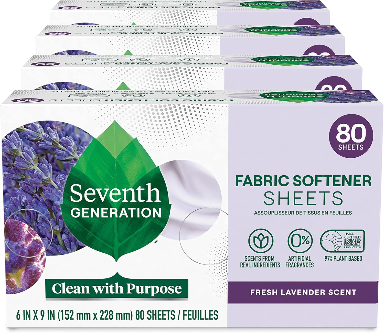 Seventh Generation Dryer Sheets Fabric Softener Fresh Lavender Scent with 100% Essential Oils and Botanical Ingredients 80 Sheets (Pack of 4) - Image 2