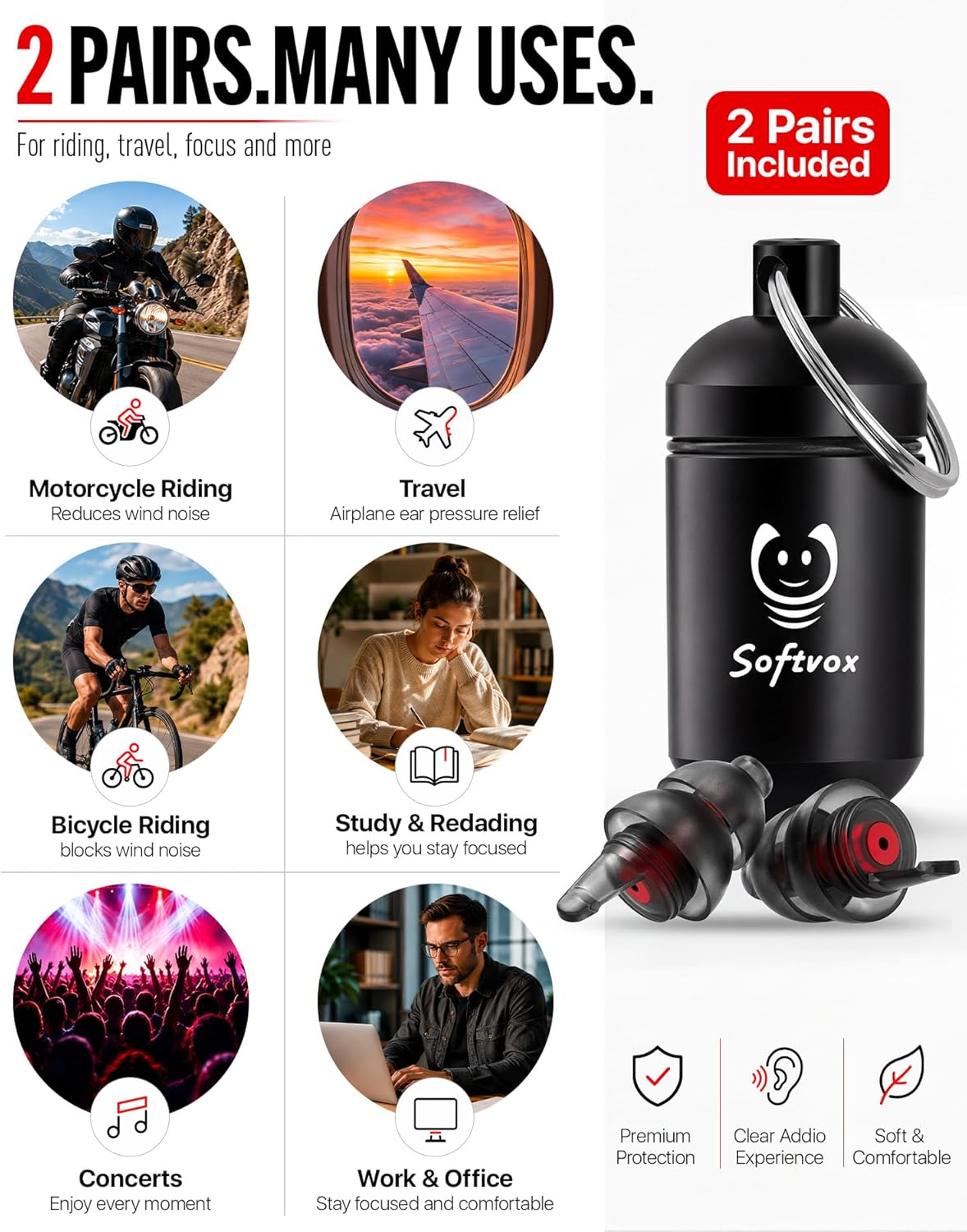 Motorcycle Ear Plugs for Wind Noise Reduction, 2 Pairs Reusable Motorcycle Accessories - Moto Earplugs, Soft Comfortable Hearing Protection for Motorbike, Touring, Racing, Riding - 25dB, Biker Gifts - Image 8