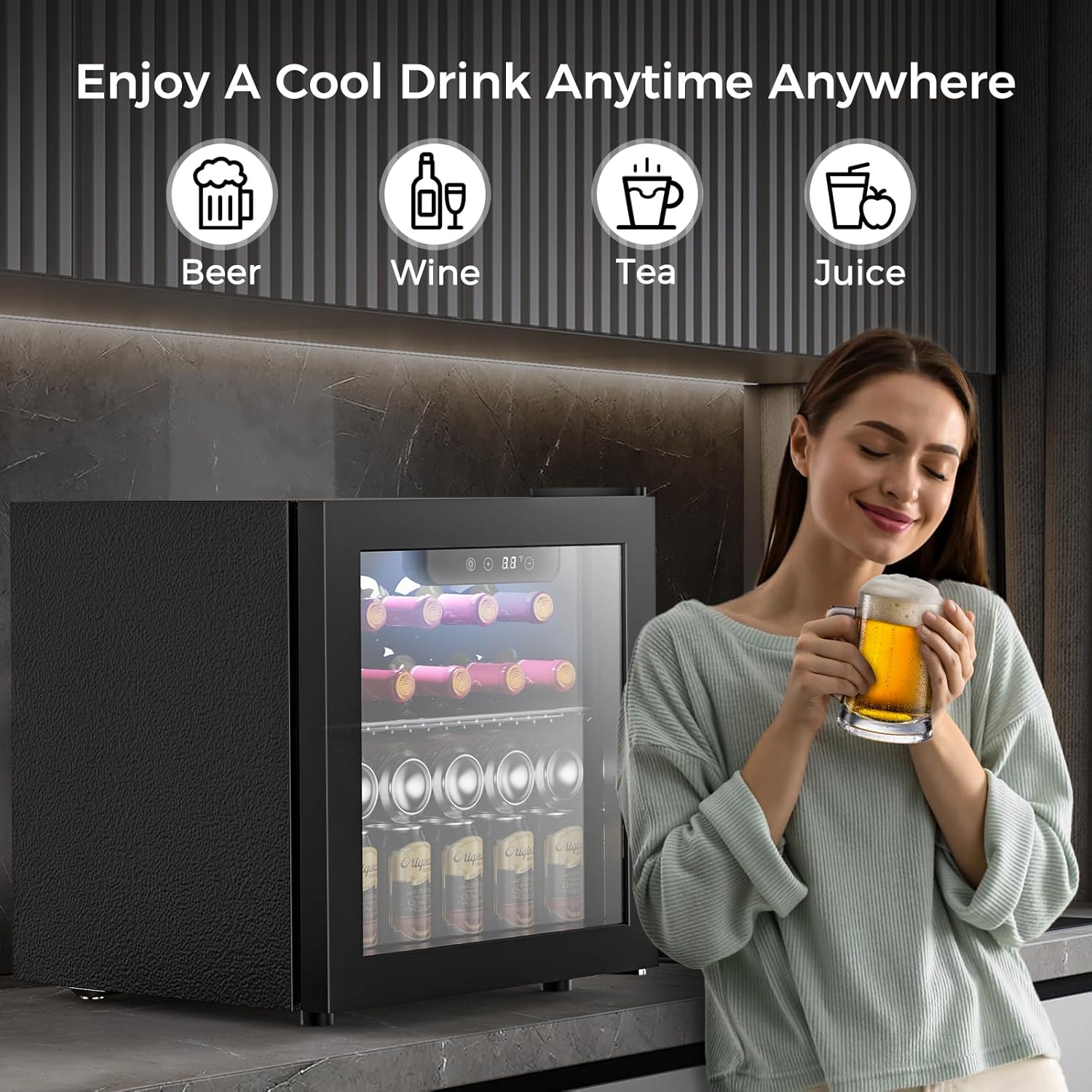 Kndko Mini Beverage Refrigerator - 48 Can Mini Fridge with Digital Temperature Control, LED Light, Reversible Door, Perfect for Home, Office, Bar, and Game Room - 1.3 Cu.Ft, Black - Image 8