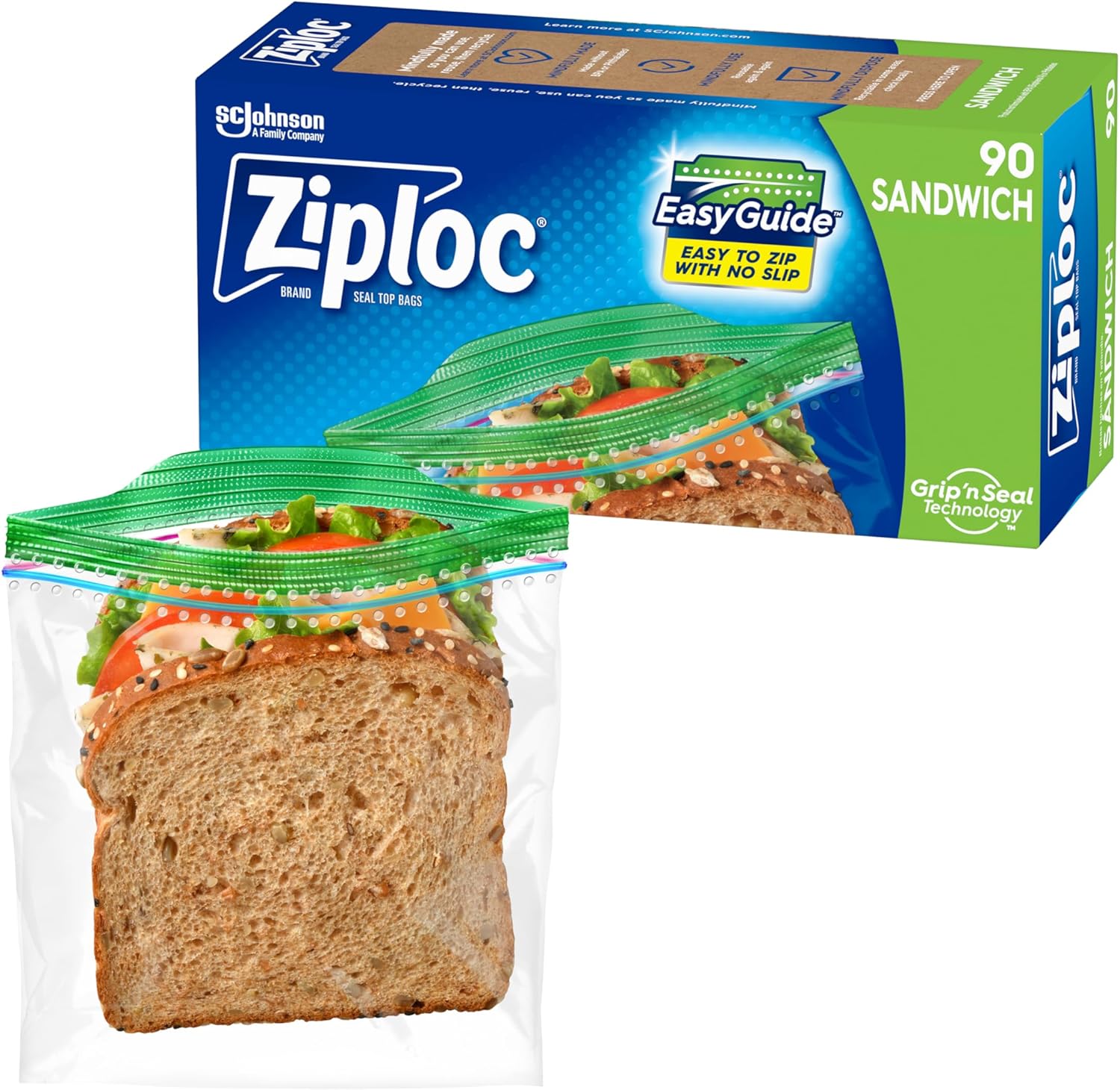 Ziploc Sandwich and Snack Bags with EasyGuide Texture, Plastic Storage Bags with Grip 'n Seal Technology, 90 Bags Total - Image 2
