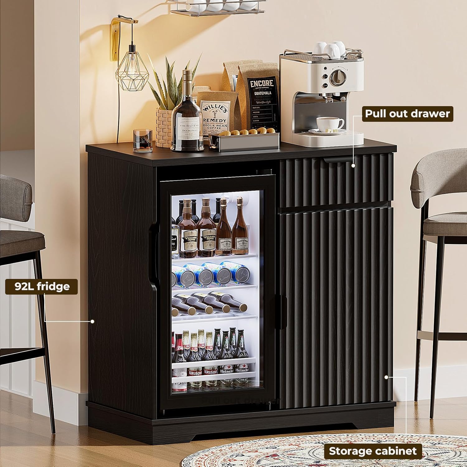 Mini Fridge Cabinet (Fridge Included), Fluted Coffee Bar Cabinet with Refrigerator, Pull Out Drawer & Storage Cabinets, 31.5" Liquor Wine Bar Cabinet for Home, Kitchen, Dining Room, Blac - Image 10