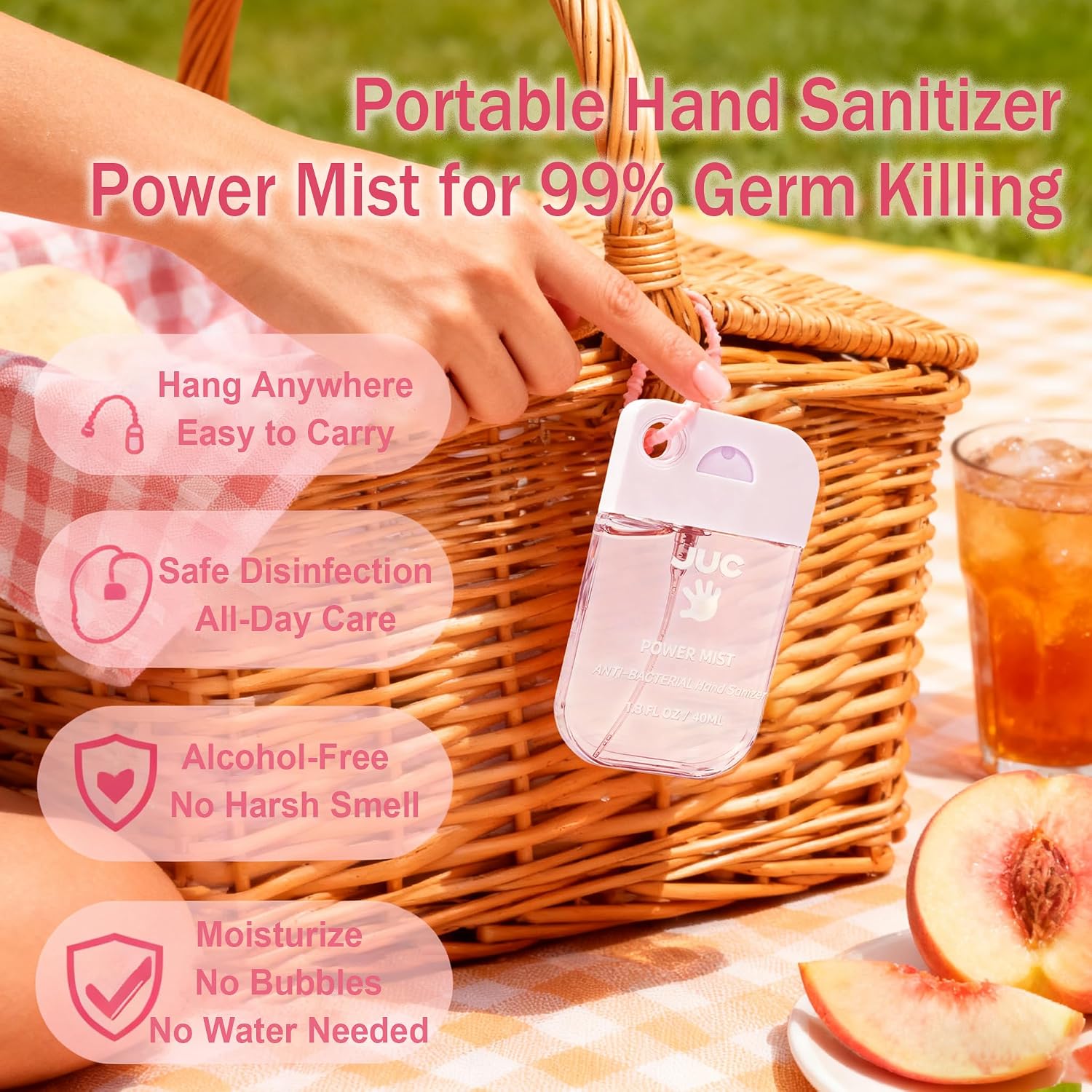 JUC Power Mist Hand Sanitizer Spray - 1.3fl.oz Peach Scent with Keychain Antibacterial Hydrating for Travel & Daily Essential - Image 3