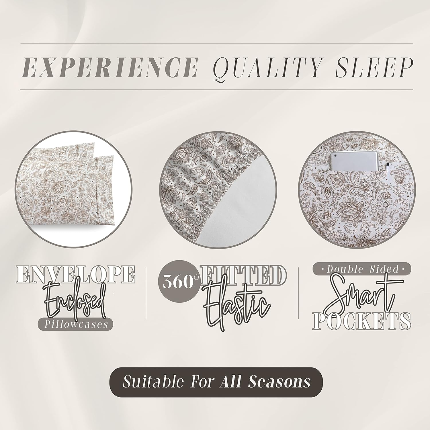 Elegant Comfort Amelia Paisley Printed 6-Piece Sheet Set, Deep Pocket 1500 Thread Count, Fade, Stain, and Wrinkle Resistant, Fitted Sheets with Smart Pockets, Paisley Sheet Set, Queen, Latte Taupe - Image 5