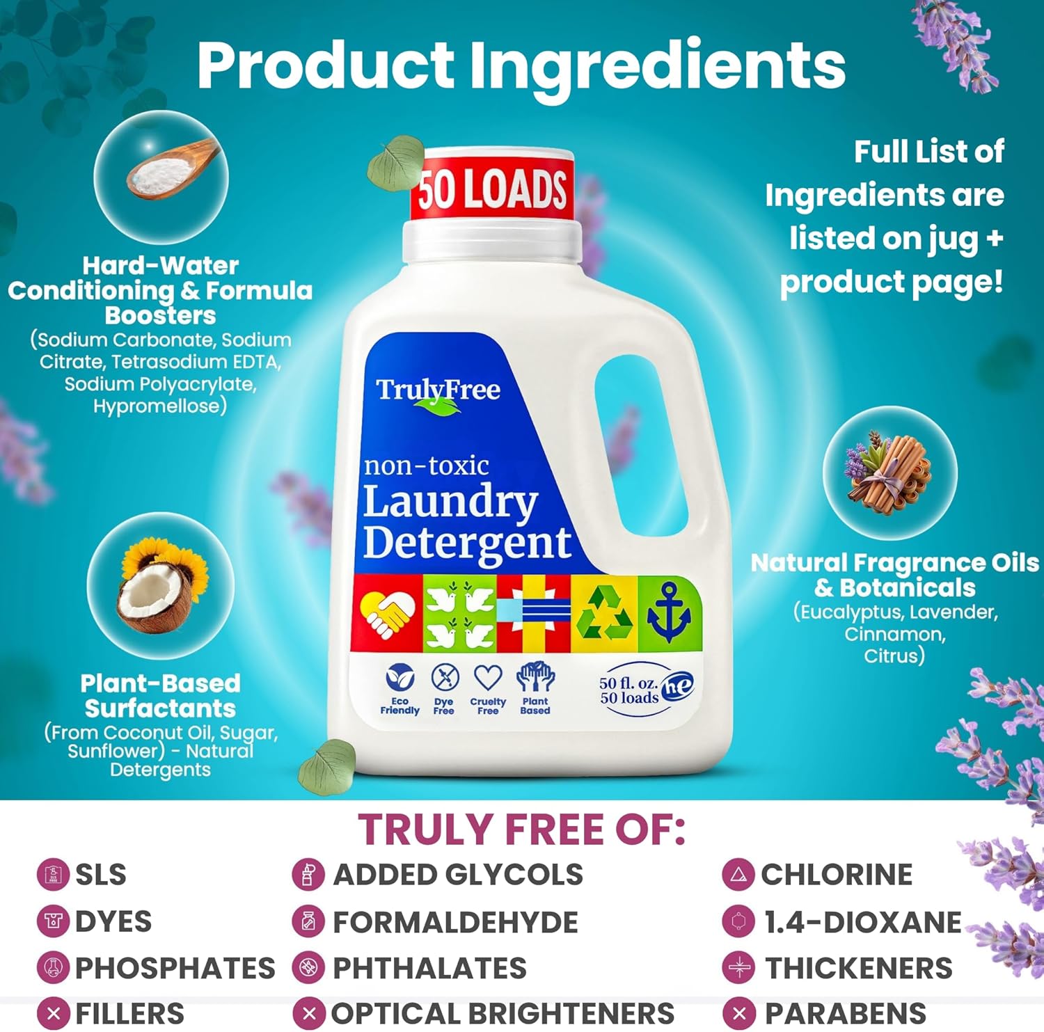 Truly Free Natural Laundry Detergent for Sensitive Skin | Eco Friendly, Plant Based, Baby Clothes Safe | Clean & Easy Powder to Liquid, 1 Empty Reusable Jug + 1 Fill Pack | Signature Scent, 50 Loads - Image 5