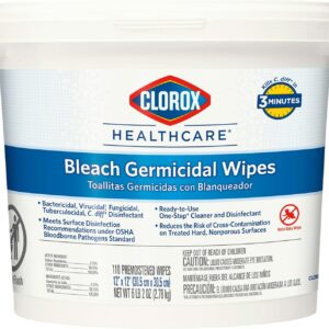 Clorox Healthcare Bleach Germicidal Wipes Bucket, 12″ x 12″, 110 Count Bucket (Package May Vary)