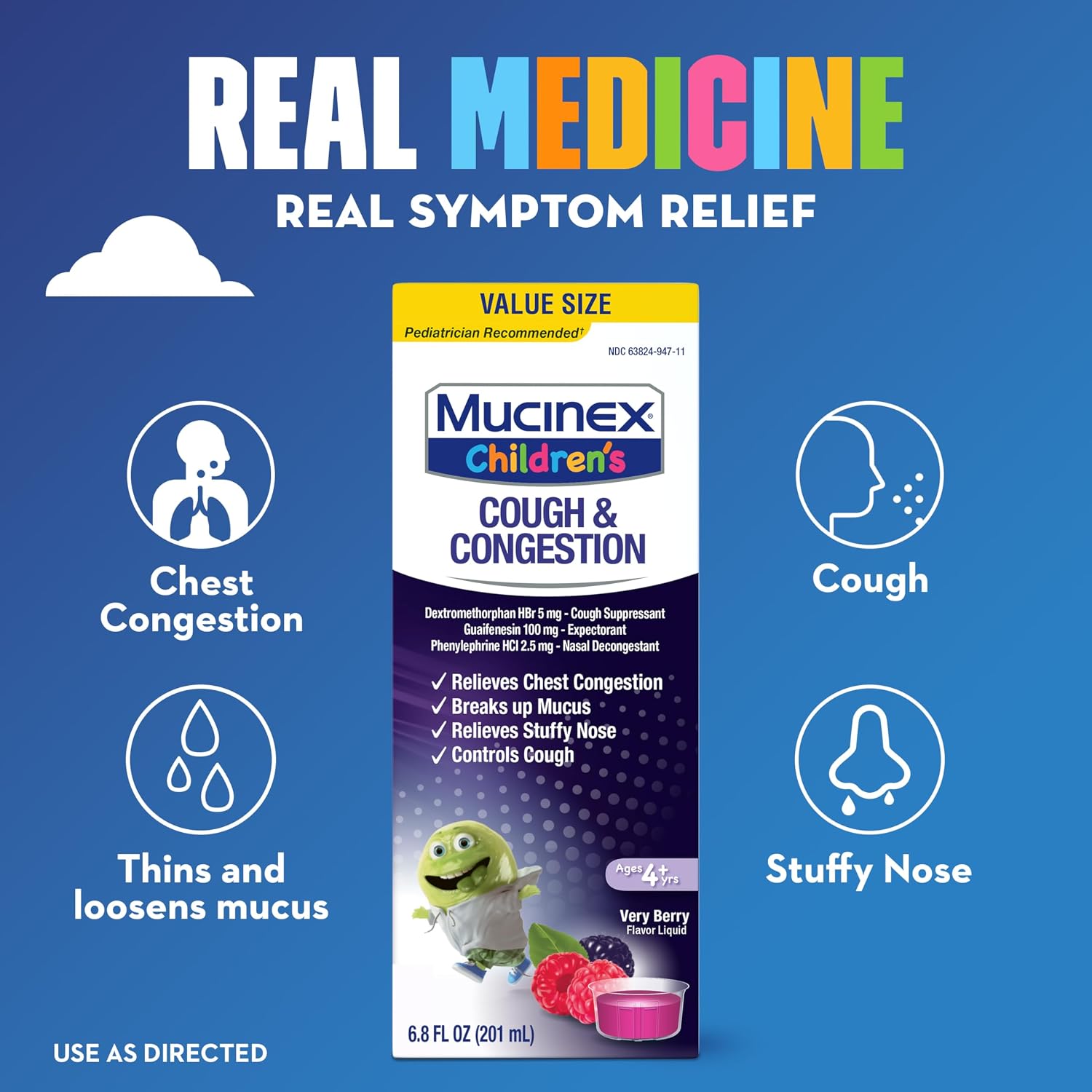 Mucinex Children’s Cough & Congestion, Multi-Symptom Relief, Cough Suppressant, Expectorant, Nasal Decongestant, Very Berry Flavor, 6.8 FL OZ - Image 3