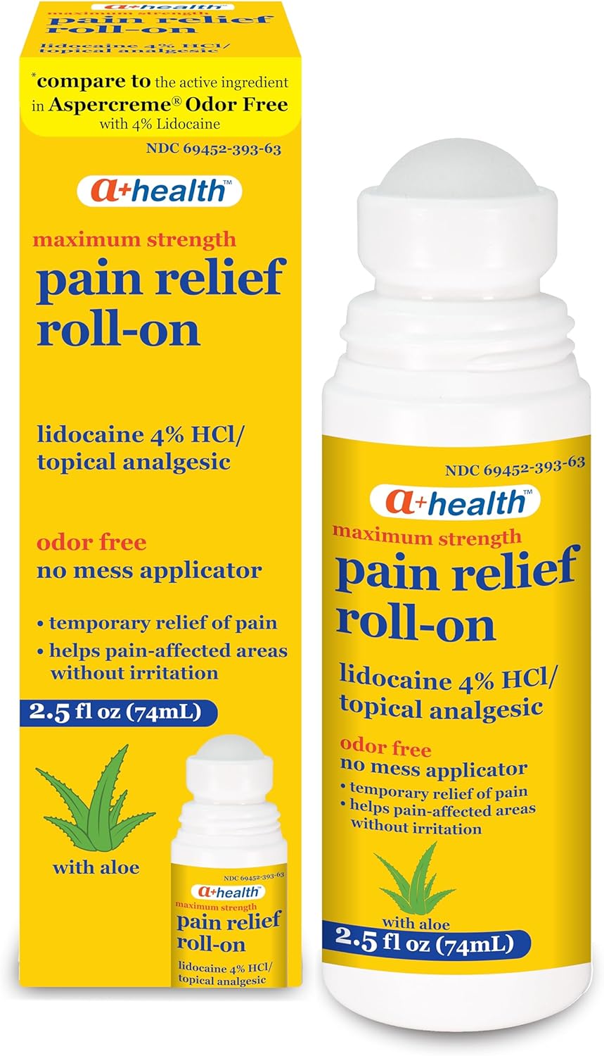 A+Health Pain Relief Roll-On Liquid, Lidocaine 4%, Odor Free, Maximum Strength Pain + Itch Relief with Aloe, Made in USA, 2.5 fl Ounces - Image 2