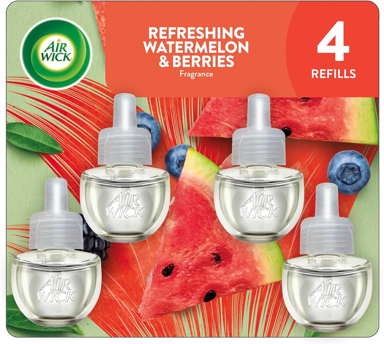 Air Wick Plug-In Scented Oil Refills, 4 Count, Fresh Watermelon & Berries, Air Freshener, Essential Oils