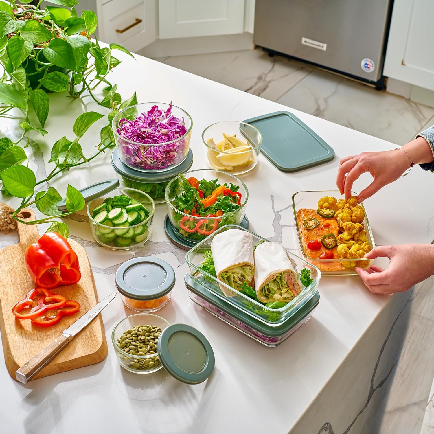 24pc Set Glass Food Storage Containers & Bowls with Airtight Lids - Leakproof BPA-Free Meal Prep Airtight Stackable Lunch Boxes, Kitchen Pantry & Storage Organizers - Microwave Freezer Dishwasher Safe - Image 3