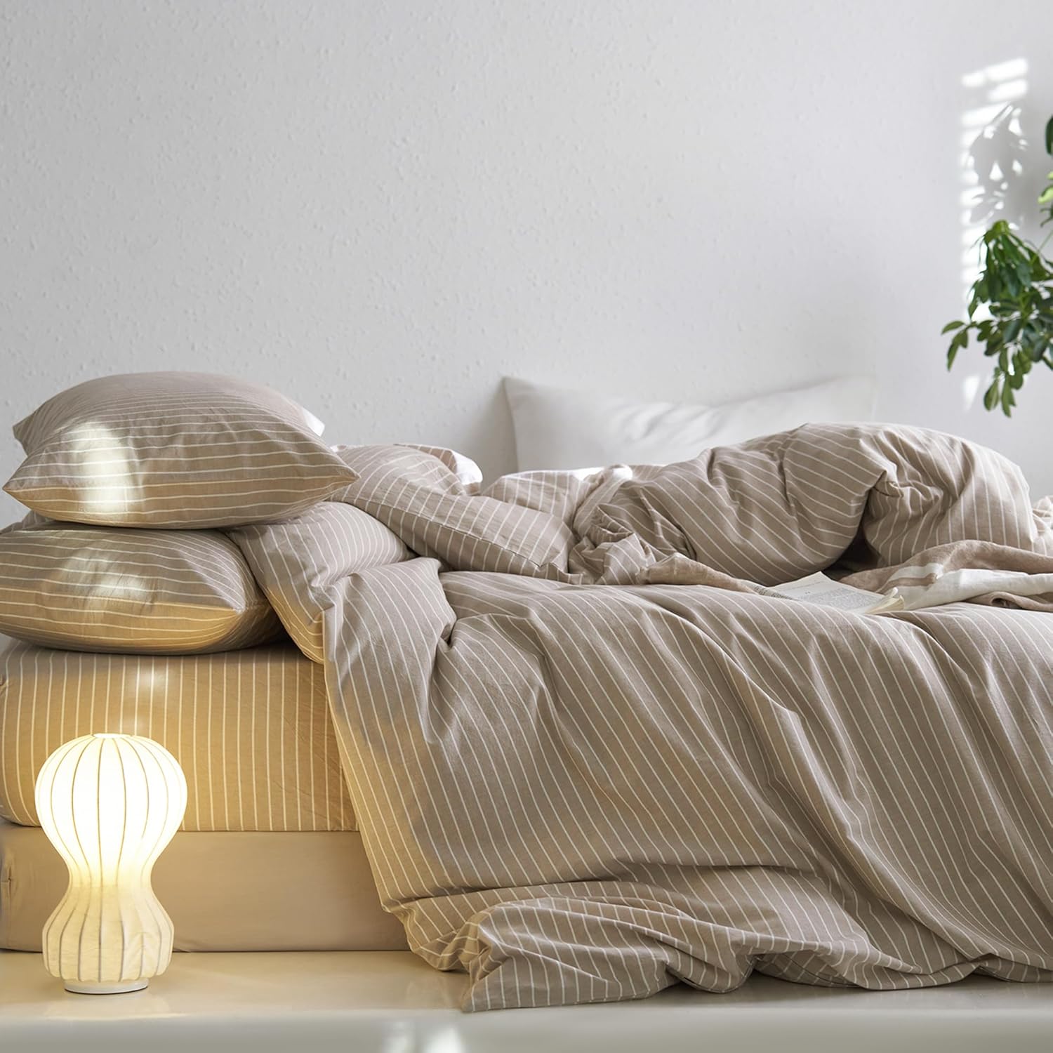 MooMee Striped Duvet Cover Set 100% Washed Cotton Linen Like Textured Breathable Durable Soft Comfy (Tannish Linen Grey White Wide Stripes, King 104"x90") - Image 8