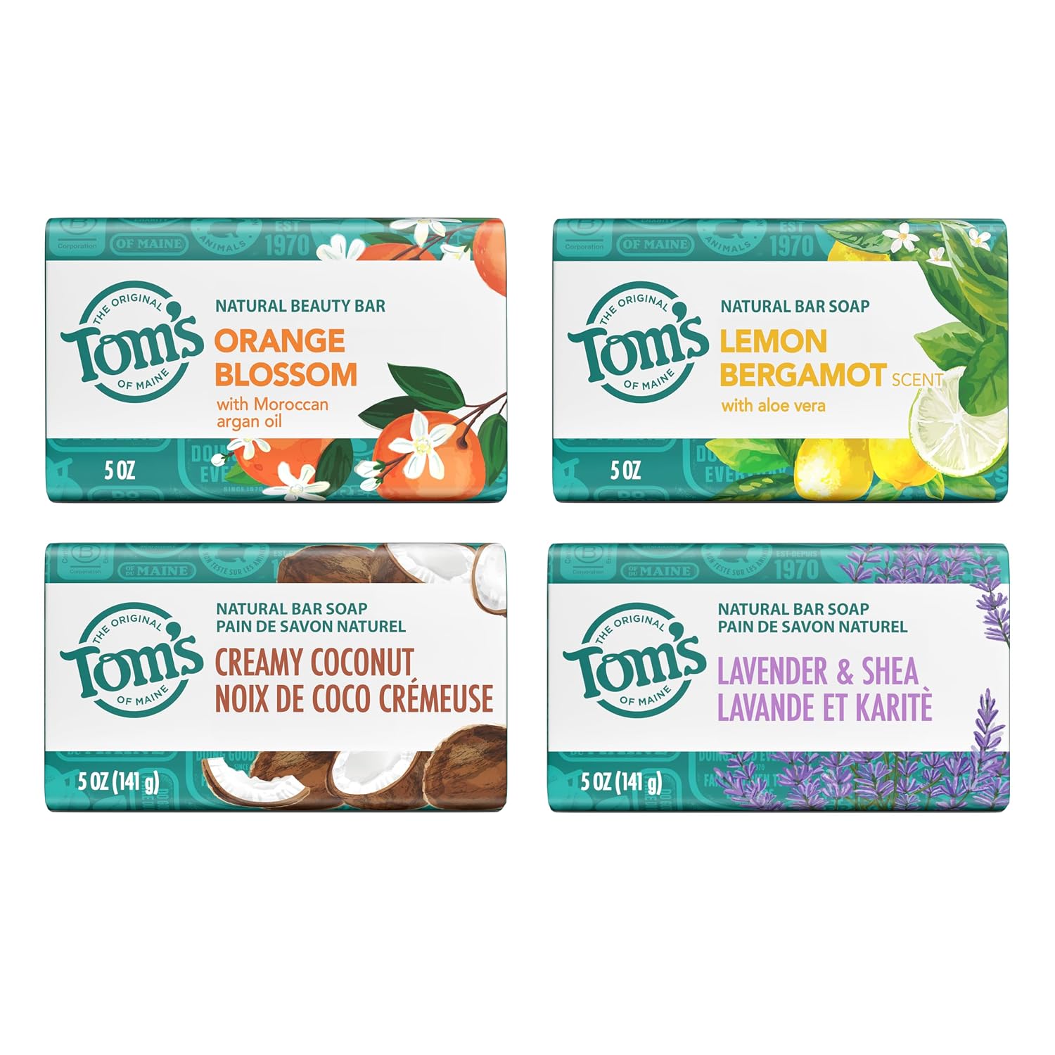 Tom’s of Maine Natural Bar Soap Variety Pack, Lavender & Shea, Creamy Coconut, Orange Blossom, Lemon Bergamot, Dermatologically Tested, Paraben Free, Vegan, 4 Count - Image 2