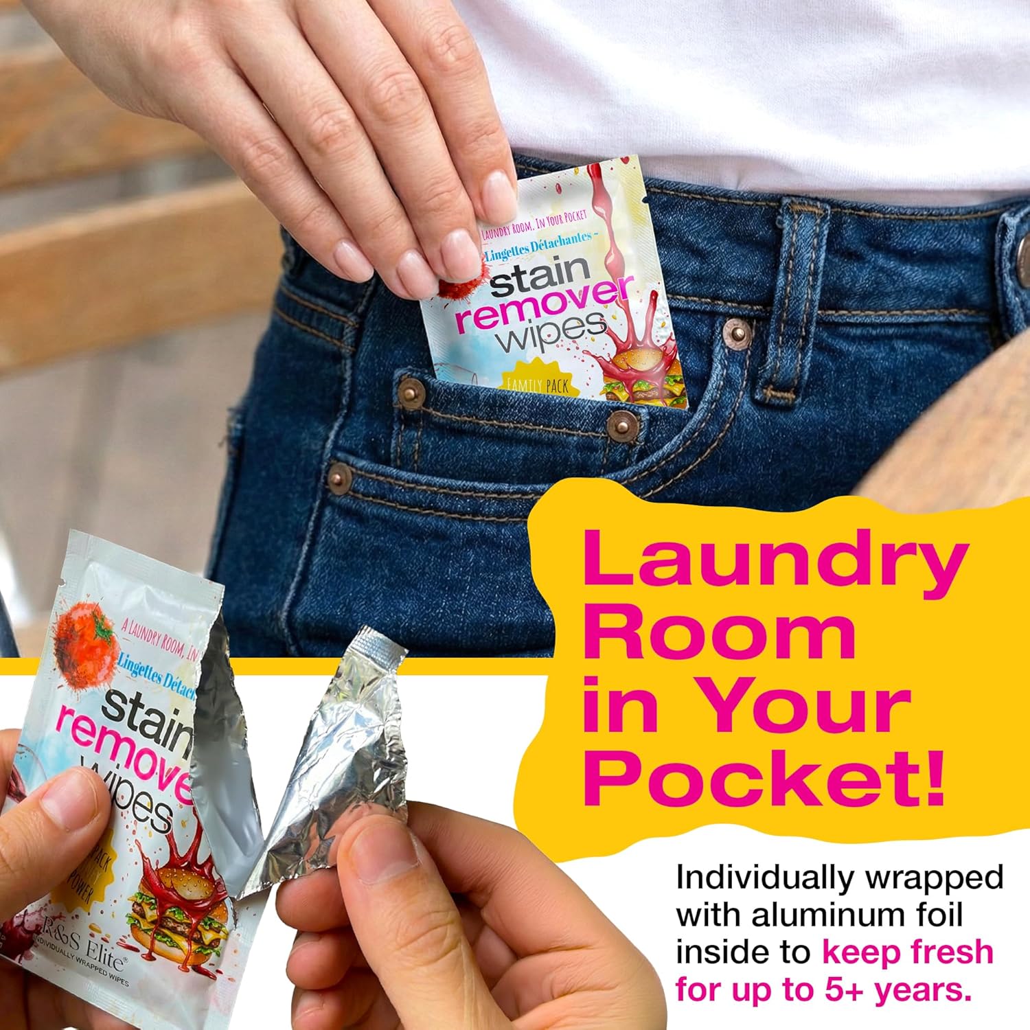 Stain Remover Wipes - 50 PCS Individually Wrapped – Instant Stain Remover for Clothes, Fabric & Jackets – Portable No-Rinse Cleaner for Travel, Purse & Diaper Bag – Removes Grease, Food & More - Image 6