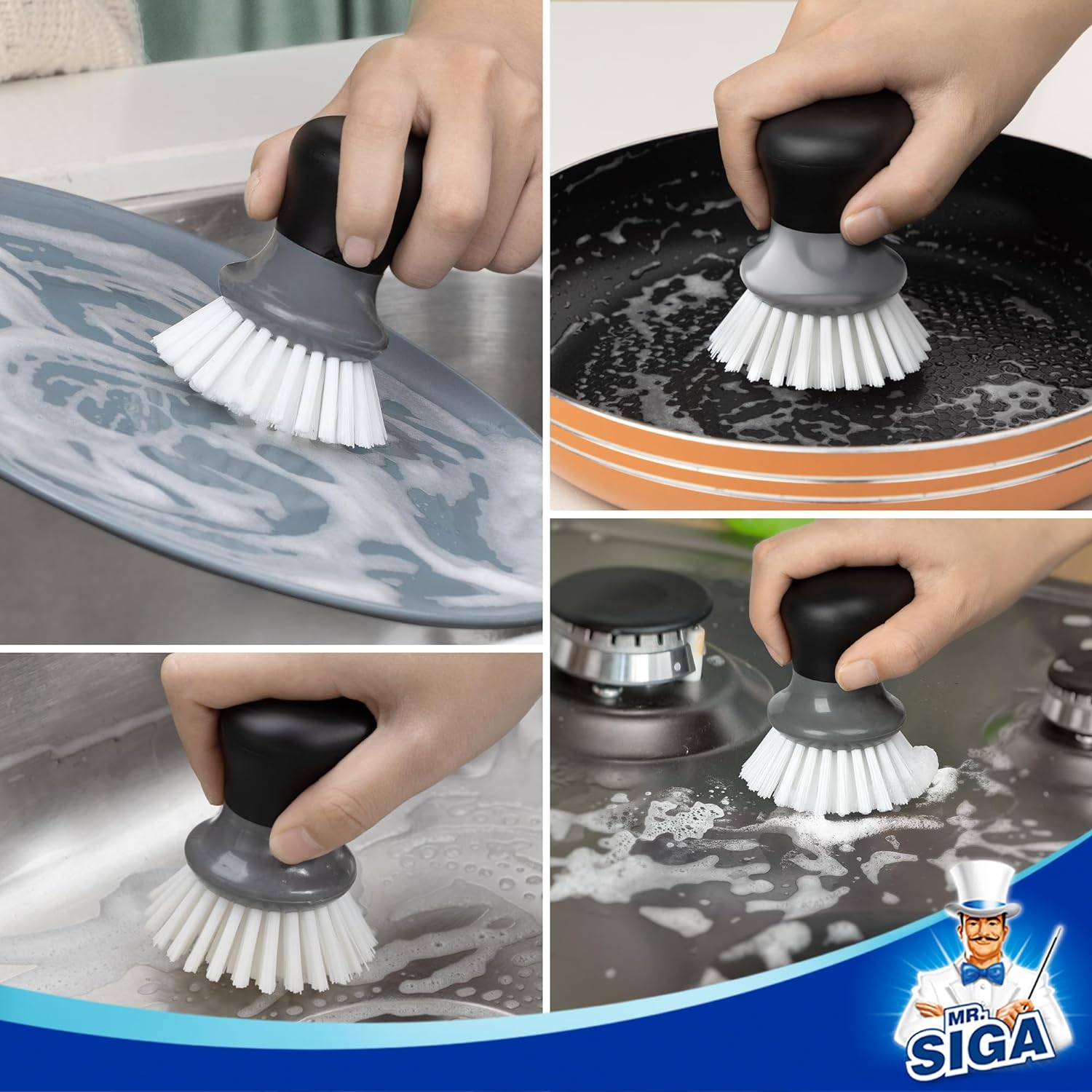 MR.SIGA Dish Scrub Brush, Palm Brush Dish Scrubber with Ergonomic Grip, Kitchen Brushes for Dishes, Gray, Pack of 2 - Image 6