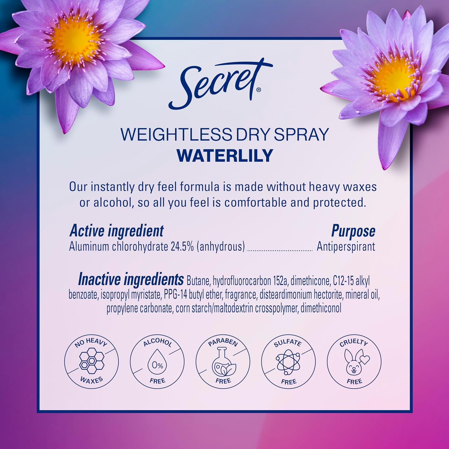 Secret Dry Spray Antiperspirant Deodorant for Women, 48hr Weightless Sweat & Odor Protection, Gentle on Skin, Waterlily & Argan Oil Scent, 4.1 oz (Pack of 3) - Image 10