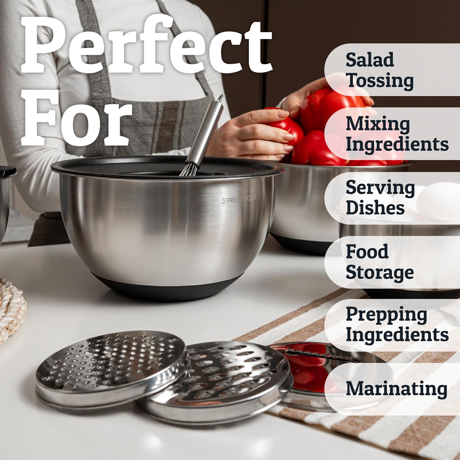 Priority Chef Stainless Steel Mixing Bowls with Lids Set, 3 Grater Attachments, Airtight Lids, Non-Slip Silicone Base Mixing Bowl Set, Large Prep Metal Mixing Bowls for Kitchen, Black - Image 6