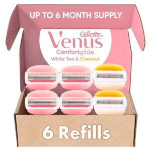 Gillette Venus ComfortGlide White Tea 4 count, with Gillette Venus ComfortGlide plus Olay 2 count, Women’s Razor Blade Refills