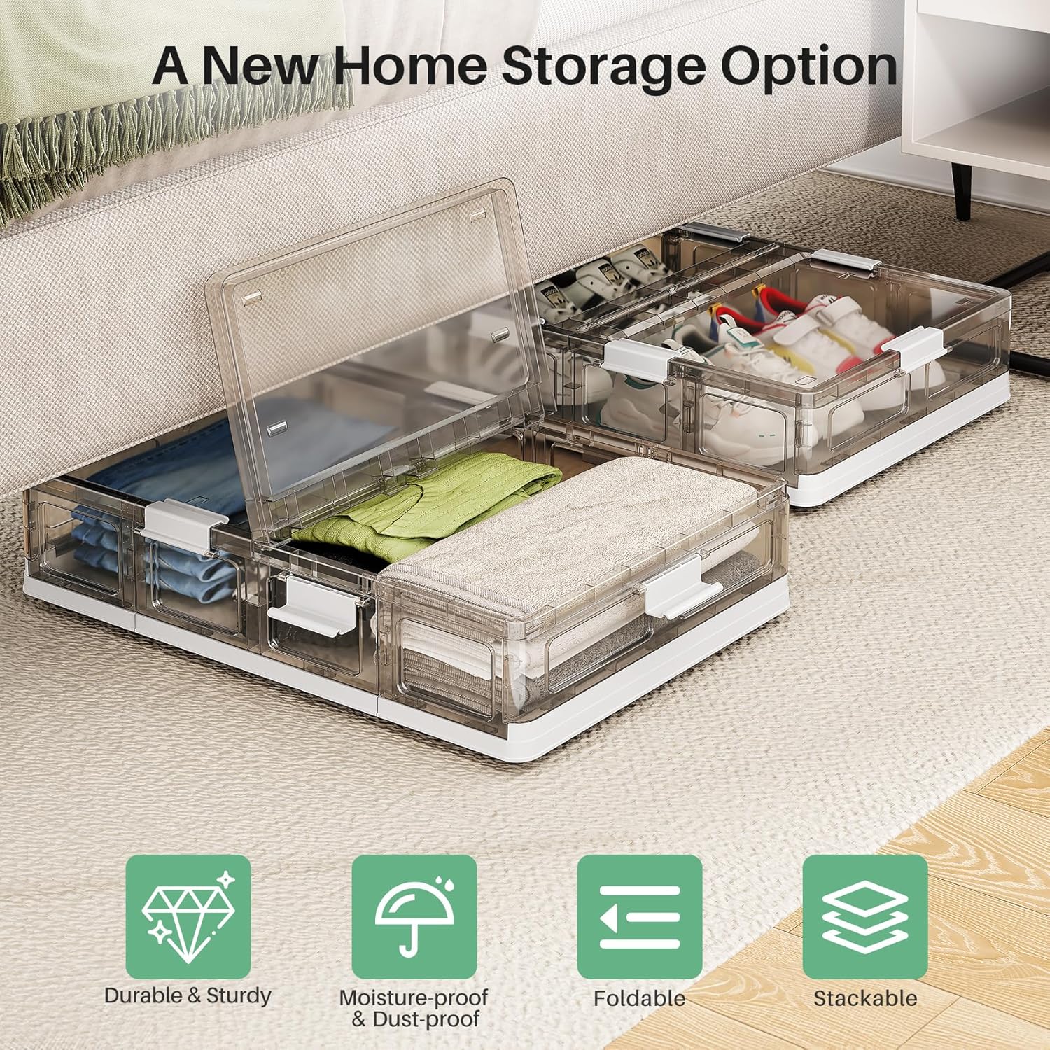 Kitstorack Clear Plastic Under Bed Storage Containers Bins with Lids and 8 Pre-installed Wheels,37.8 Qt, Rolling Foldable Flat Under Bed Organizer Boxes for Clothes Shoes Clothing Bedroom - Image 4