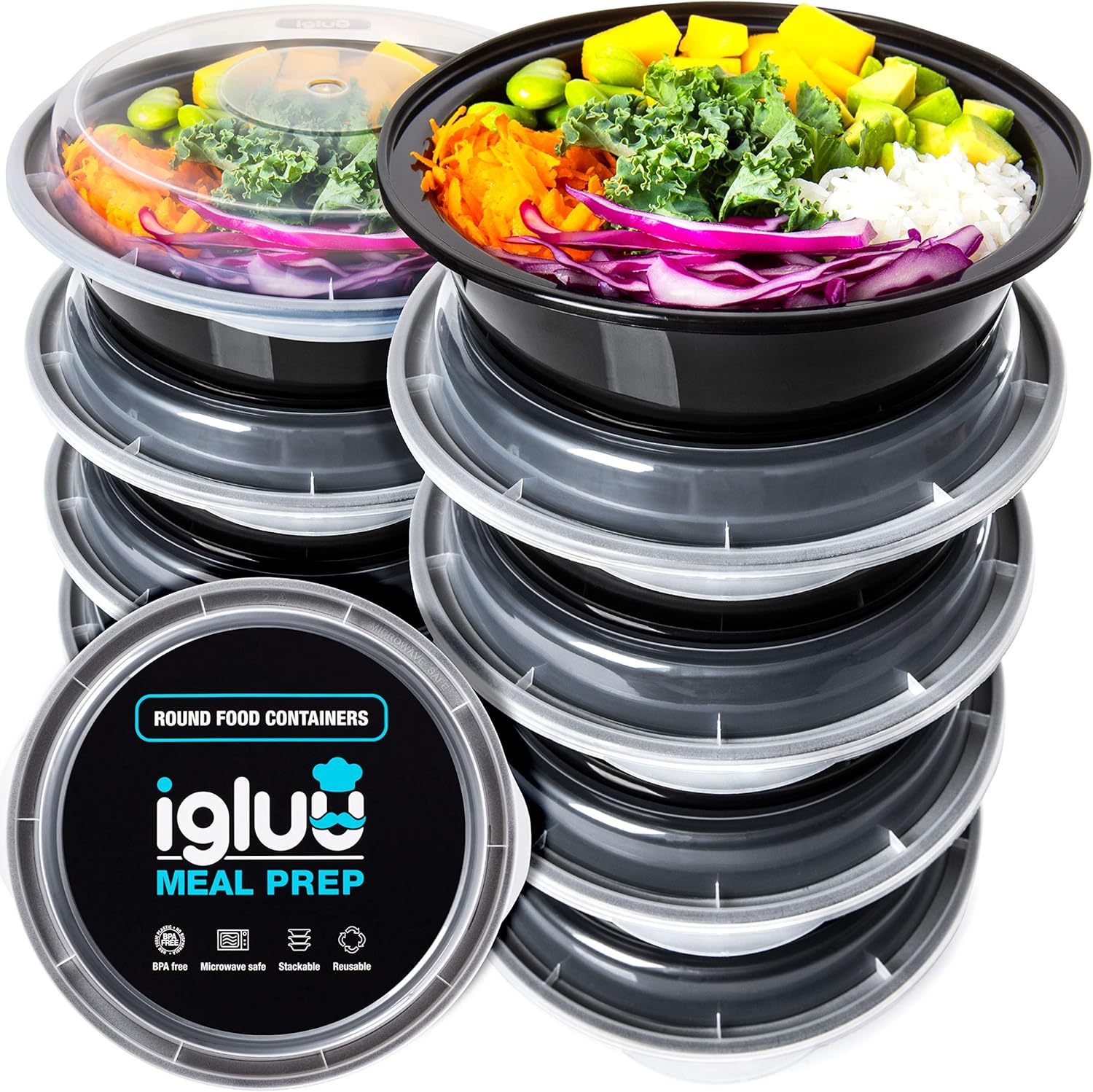 Igluu Meal Prep Containers Reusable (10 Pack) – Round Food Containers with Lids – Stackable, Microwave, Freezer & Dishwasher Safe – 28oz – 1 Compartment – BPA-Free - Image 2