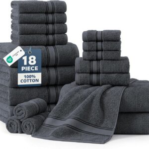 LANE LINEN 100% Mercerized Cotton Bath Towels Set of 18 – Zero Twist, 6 Bath, 6 Hand Towel & 6 Washcloths, Soft, Ideal for Spa Hotel & Home, Gentle on Body, Durable After Multiple Washes – Cool Grey