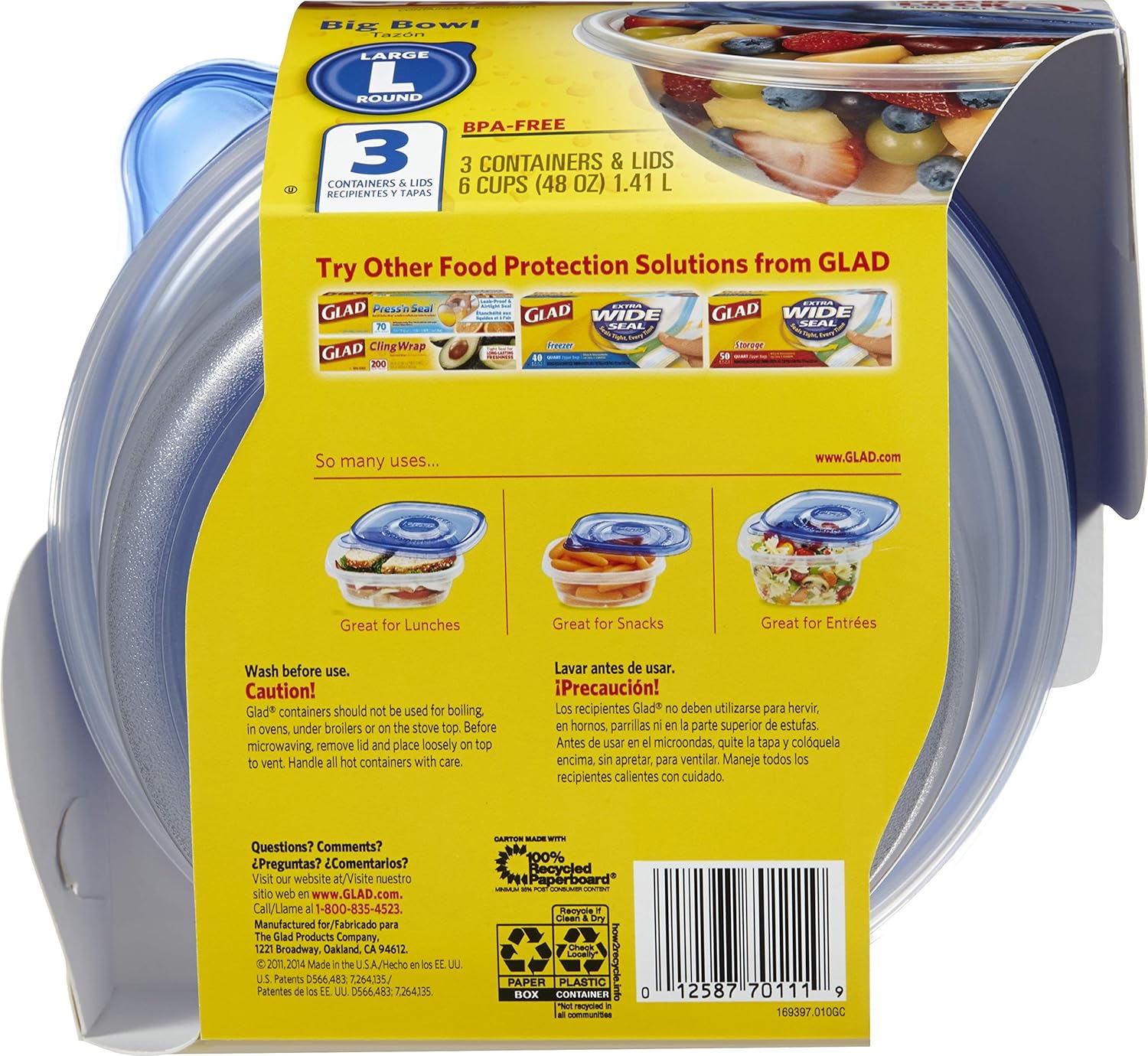 Glad GladWare Big Bowl Food Storage Containers with Lids, Large Round No BPA Plastic Containers for Soups, Salads, and Meal Prep, Lock Tight Seal, Microwave Dishwasher Safe, 48 Oz, 3 Count - Image 4