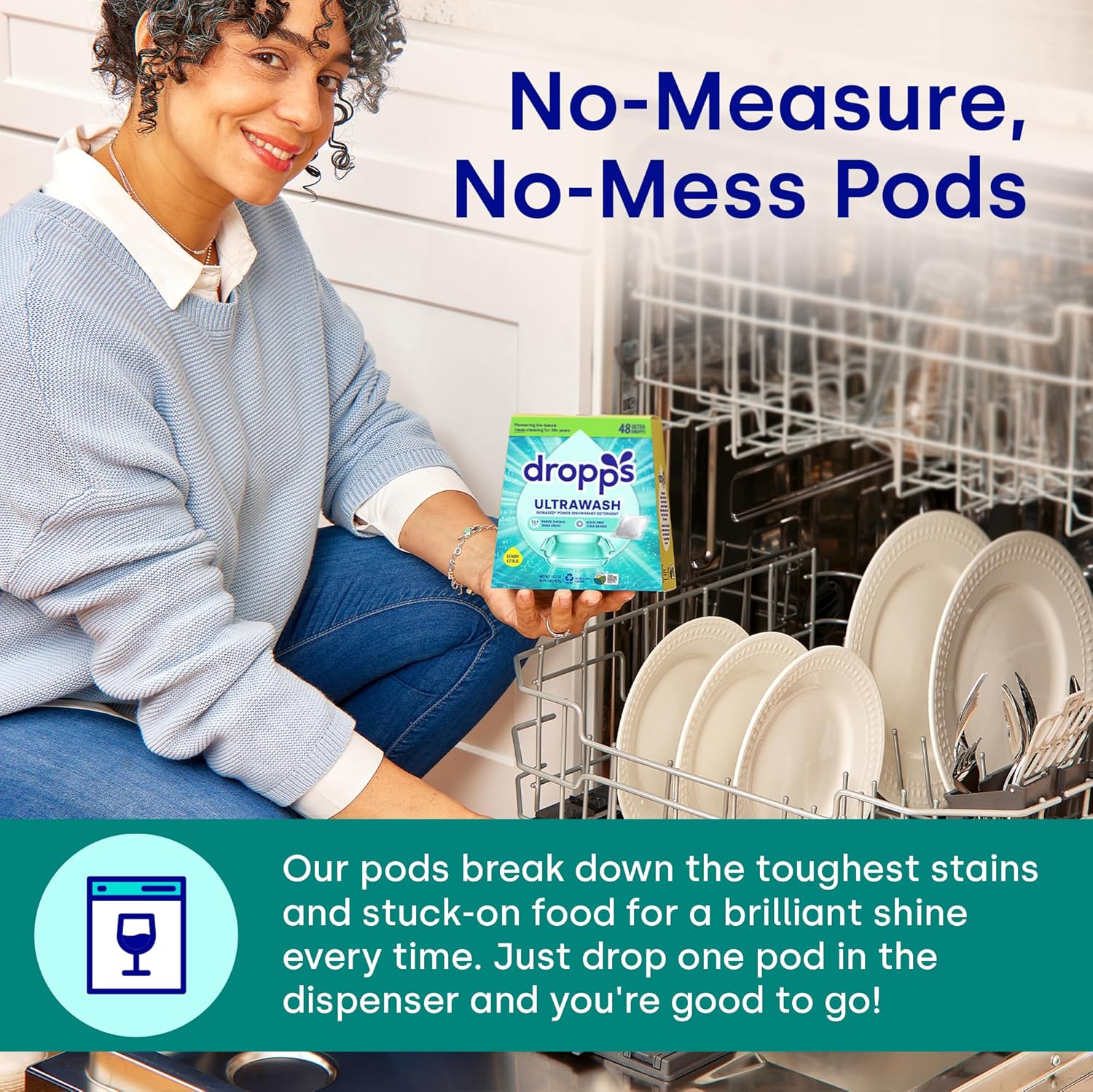 Dropps UltraWash Dishwasher Detergent Pods, Unscented (120 Ct) - Free & Clear | Cuts Grease & Stuck-On Food | Sparkling Dishes & Glasses | Residue-Free | Clean Ingredients | Plastic Free Packaging - Image 5