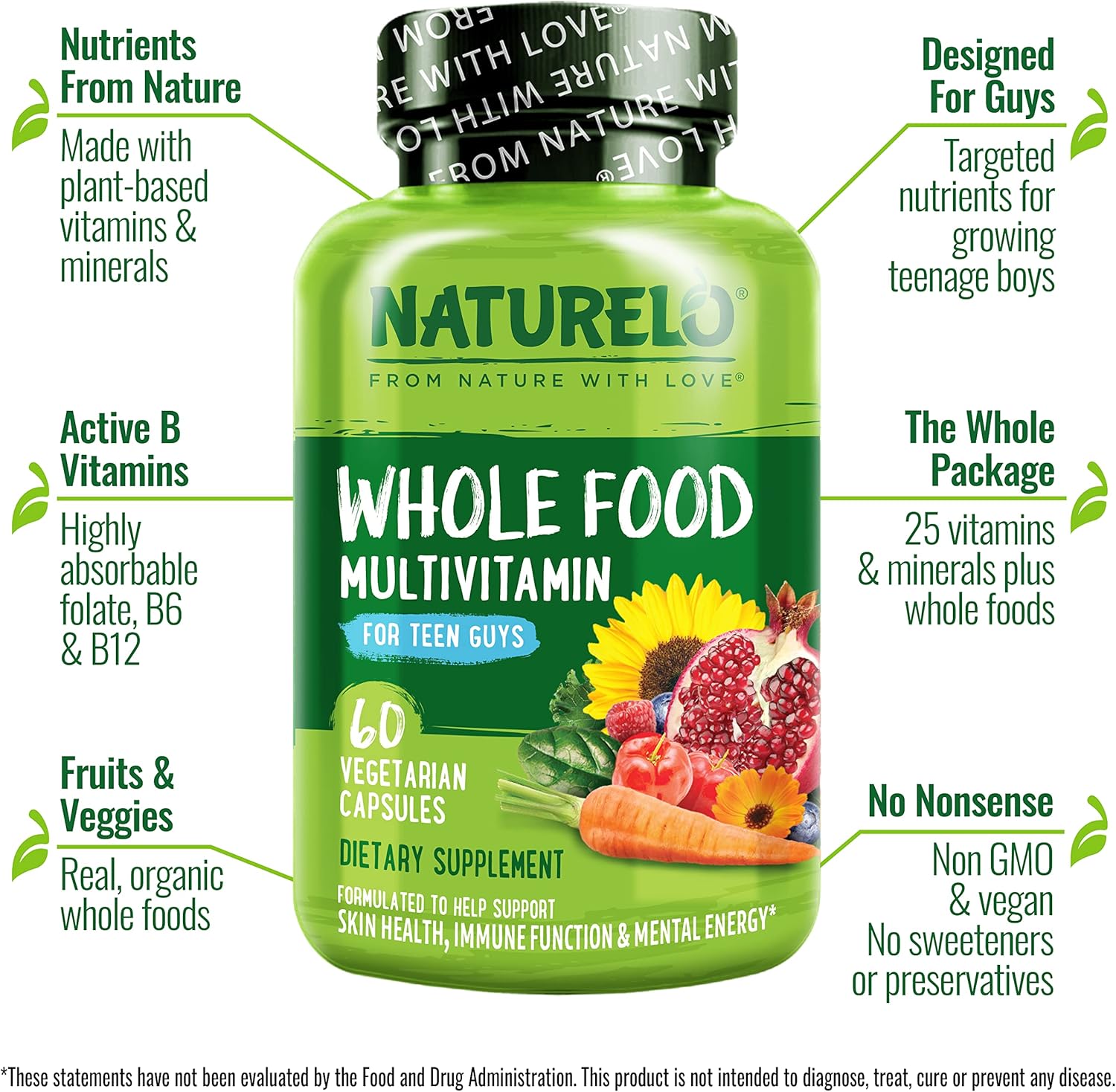 NATURELO Teen Multivitamin - Whole Food Multivitamin for Teenage Boys - Minerals Supplement for Active Kids - with Plant Extracts - Non-GMO - Vegan & Vegetarian - 60 Capsules - Image 3
