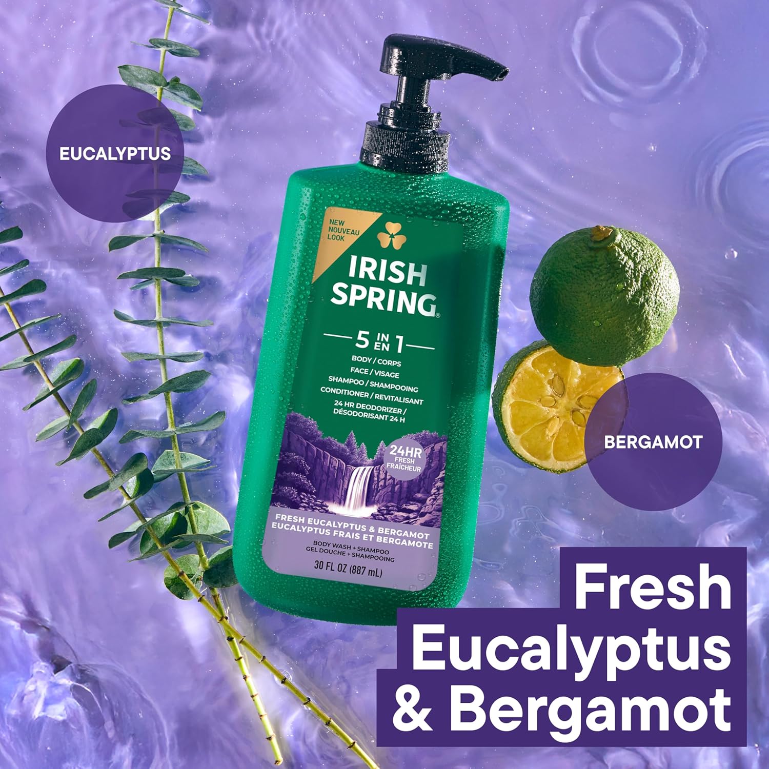 Irish Spring 5 in 1 Moisturizing Body Wash for Men, Shampoo, Conditioner, Body and Face Wash, and 24 Hour Deodorizer, Paraben-Free, Fresh Eucalyptus & Bergamot Scent, 30 fl oz - Packaging may vary - Image 5