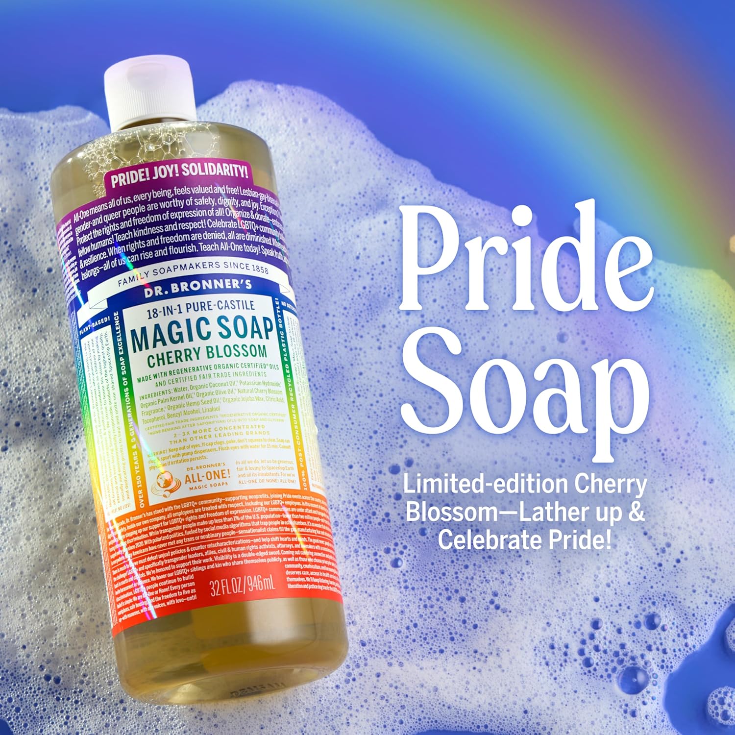 Dr. Bronner's Pure-Castile Limited-Edition Pride Soap –Regenerative Organic Certified Oils- 18-in-1 Uses for Face, Body, Hand, Hair, Laundry & More - Vegan, Non-GMO- Body Wash- Cherry Blossom, 32oz - Image 3