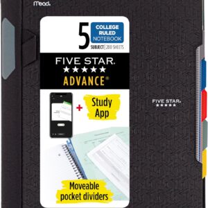 Five Star Advance Spiral Notebook + Study App, 5 Subject, College Ruled Paper, 8-1/2″ x 11″, 200 Sheets, Spiral Guard, Movable Tabbed Dividers, Black (73144)