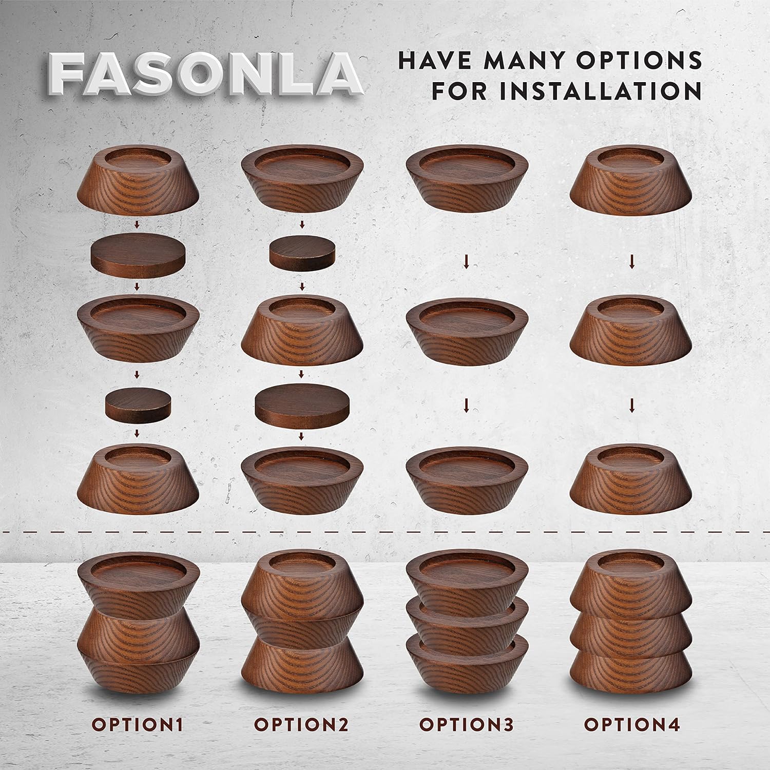 FASONLA Bed Risers, Furniture Risers (Set of 8-Height 1") Can be Adjusted to 2'' 3''or 4'', Lifts Furniture Risers, Solid Natural Wood Risers, Non-Slip Recessed Hole (Walnut Color) - Image 5