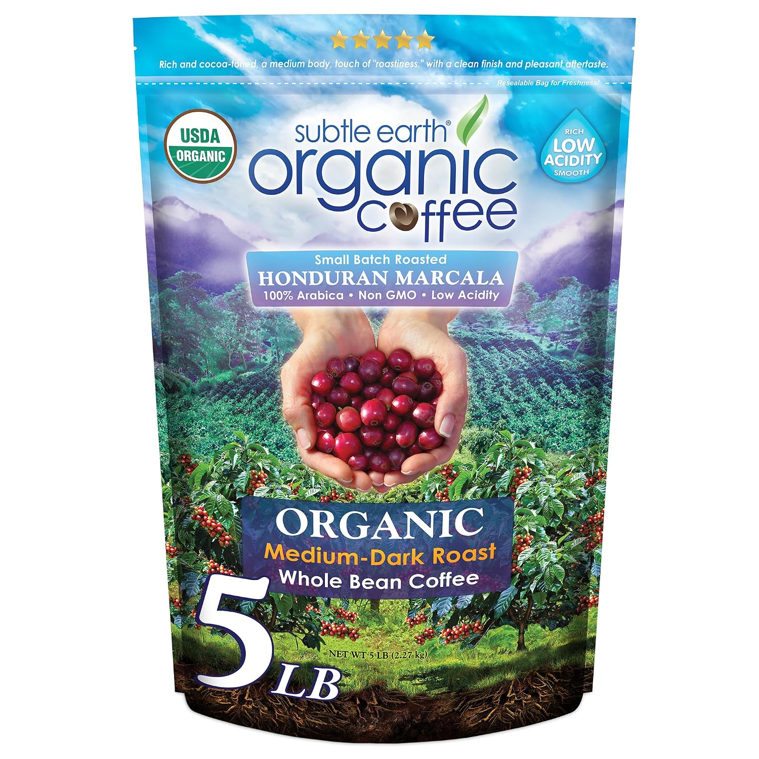 5LB Subtle Earth Organic Coffee - Medium Dark Roast - Whole Bean Coffee - 100% Arabica Beans - Low Acidity and Non-GMO - 5lb bag - Image 2