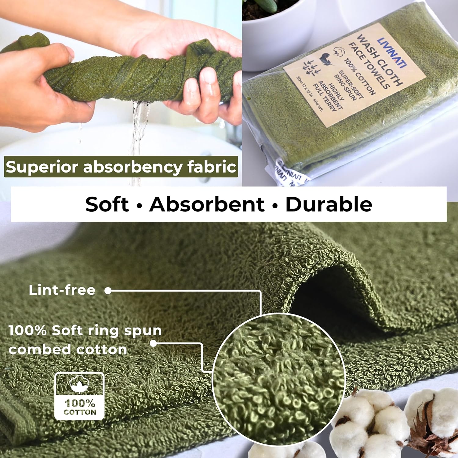 Sage Green 100% Cotton Wash Cloths for Showering Body and Face - 12"X12" 6 Pack Washcloths - Small Terry Towel Bath Rags for Adults and Kids Bathroom - Soft Absorbent - Image 6