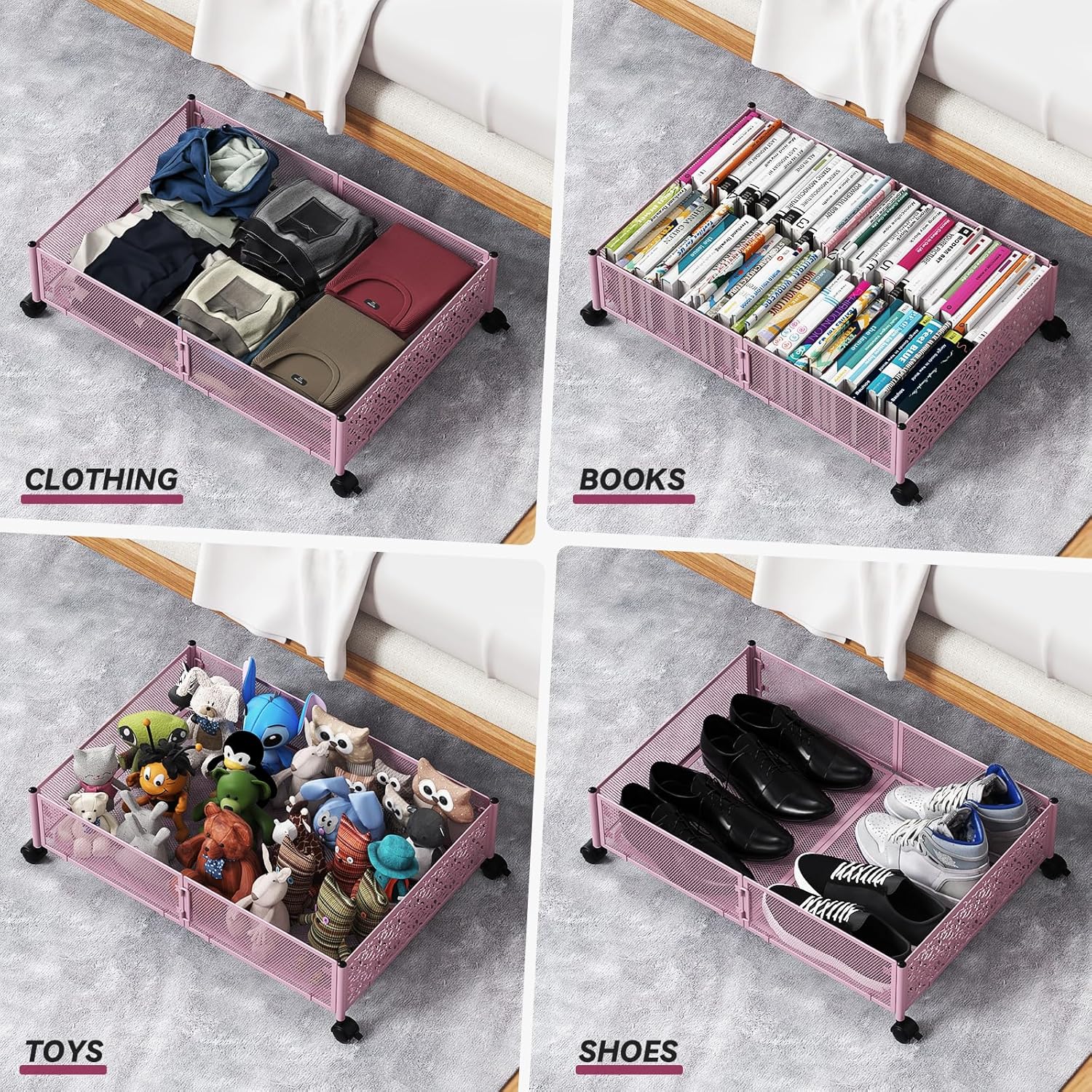 PHINOX Under the Bed Storage Containers with Wheels, Under Bed Storage, Under Bed Shoe Storage Organizer Drawer, Tool-free Assembly Metal Underbed Storage Containers -Pink - Image 5
