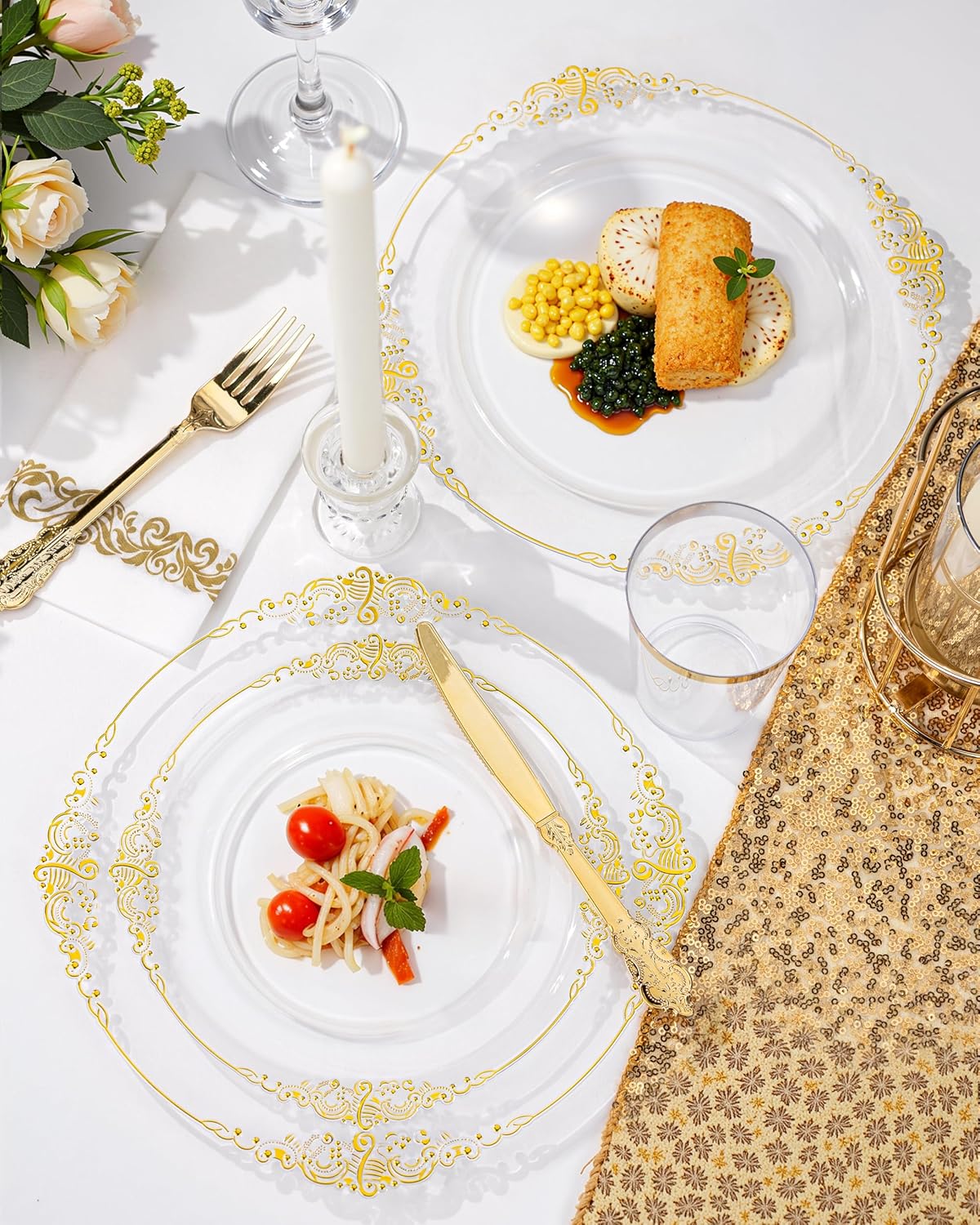Nervure 100PCS Clear and Gold Plastic Plates - 10.25Inch Gold Disposable Plates - Heavyweight Dinner Plate for Wedding & Party - Image 5