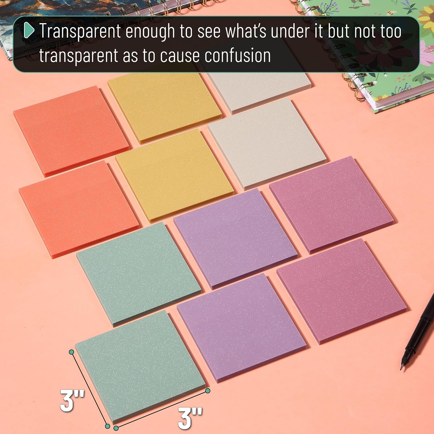Mr. Pen- Transparent Glitter Sticky Notes, 3”x3”, 12 Pads, 600 Sheets, Colorful, Plastic Glitter Sticky Notes Bulk, Self-Stick Note Pads for Women, Office, School, Home, Study & Organization - Image 4
