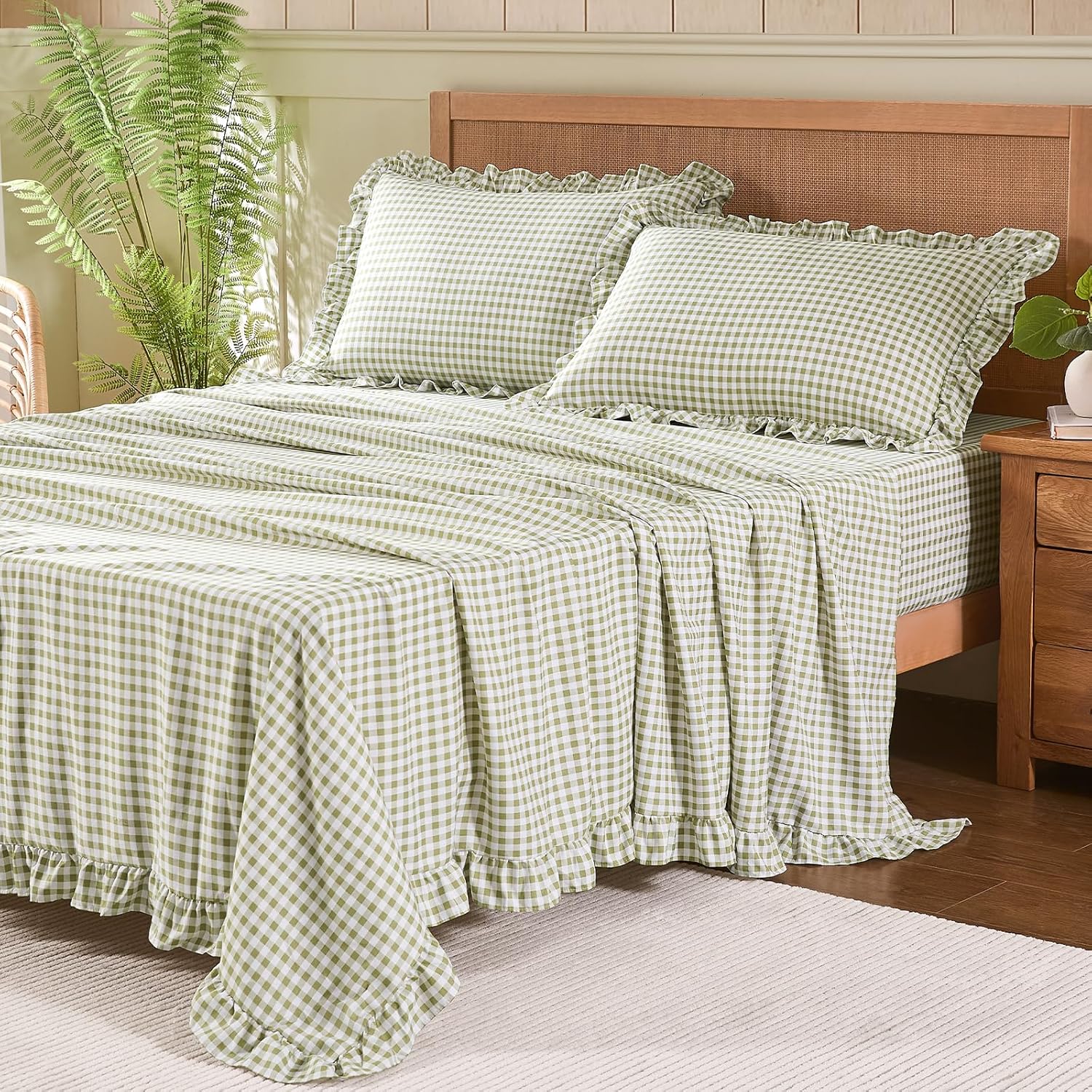 Gingham Queen Sheet Set, Lightweight Super Soft Brushed Microfiber Plaid Bed Sheets with 16" Deep Pocket, 4 Piece Ruffle Farmhouse Bedroom Decor, Sage Green - Image 2