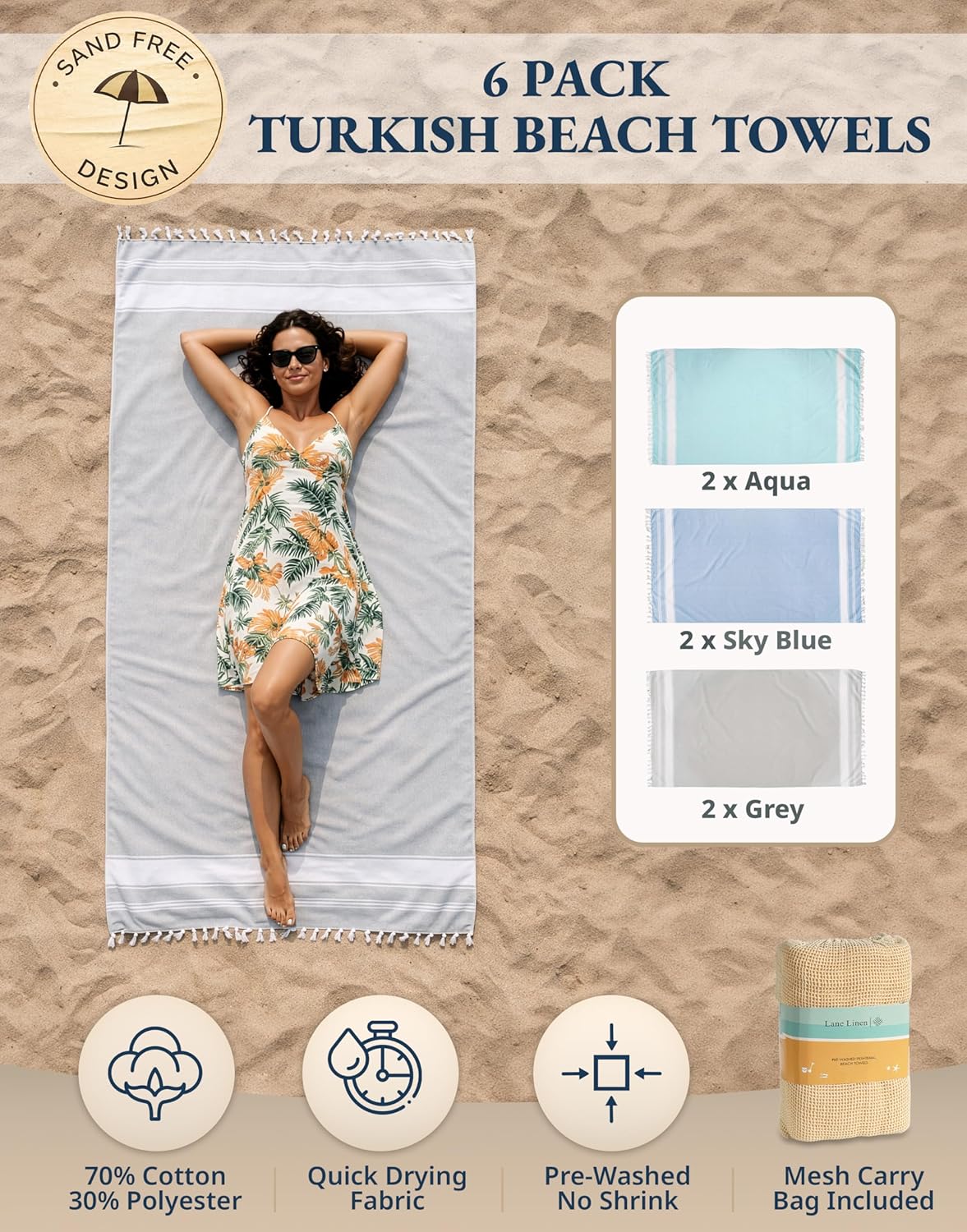LANE LINEN Beach Towels 6 Pack, Bulk Beach Towels Oversized, Pool Towels for Adults, Pre-Washed, Sand Free Beach Towel, Fast Drying Beach Towel, 39"x71" - Classic Color - Image 2