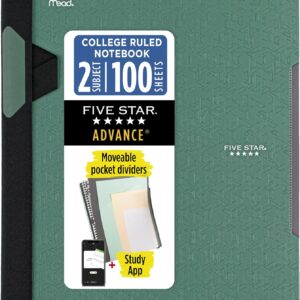 Five Star Advance Spiral Notebook + Study App, 1 Subject, College Ruled Paper, 8-1/2″ x 11″, 100 Sheets, Spiral Guard, Movable Tabbed Dividers, Seaglass Green (820012C-ECM)